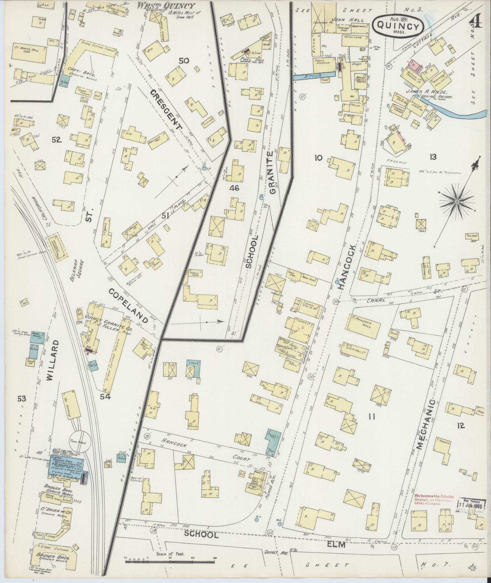 Sanborn Fire Insurance Map from Quincy, Norfolk County, Massachusetts (1891), Sheet #0004 - Historic Sanborn Fire Insurance Map Print, vintage old map wall art, antique decor, genealogy gift, Massachusetts Massachusetts map