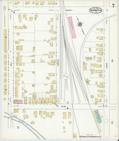 Sanborn Fire Insurance Map from Bennington, Bennington County, Vermont (1912), Sheet #0007 - Complete Map Set gallery image, historic Sanborn map, vintage wall art, Vermont Vermont