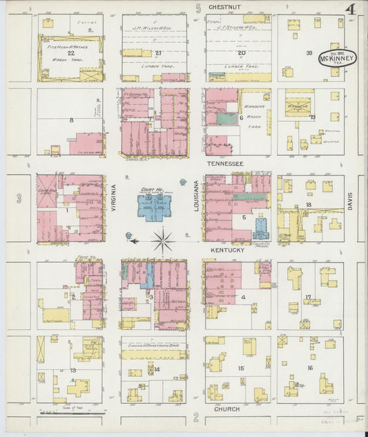 Sanborn Fire Insurance Map from McKinney, Collin County, Texas (1892), Sheet #0004 - Historic Sanborn Fire Insurance Map Print, vintage old map wall art, antique decor, genealogy gift, Texas Texas map