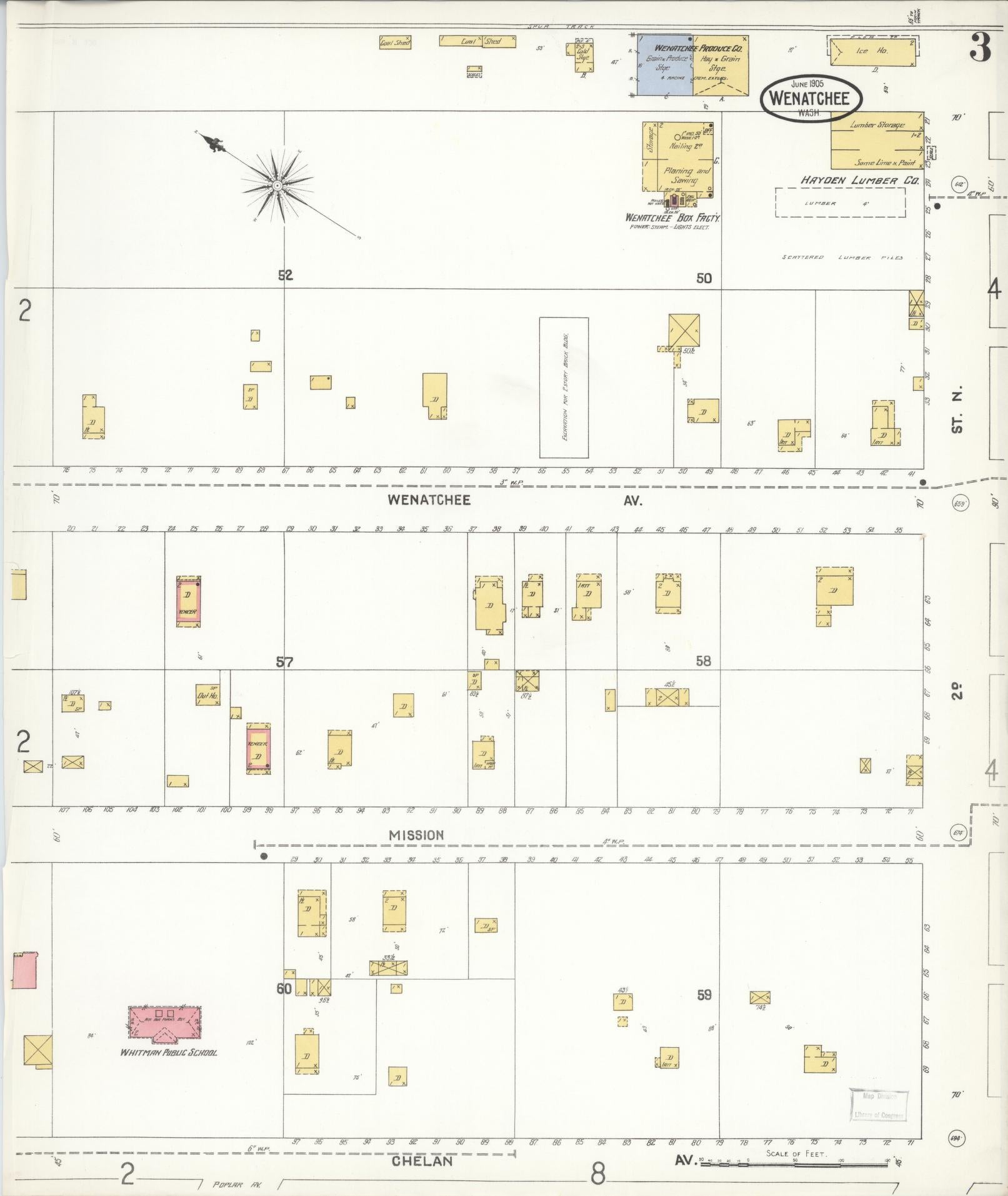 Sanborn Fire Insurance Map from Wenatchee, Chelan County, Washington (1905), Sheet #0003 - Complete Map Set gallery image, historic Sanborn map, vintage wall art, Washington Washington