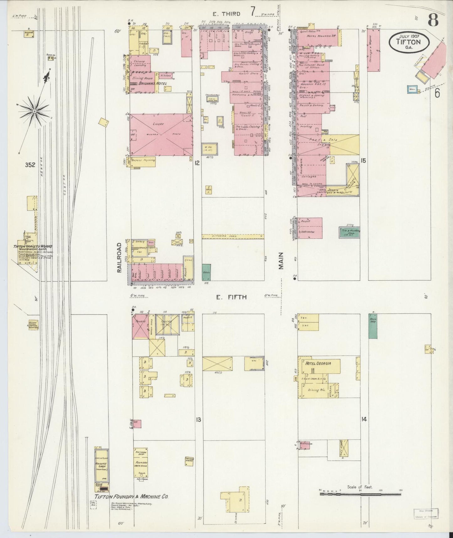 Sanborn Fire Insurance Map from Tifton, Tift County, Georgia (1907), Sheet #0008 - Historic Sanborn Fire Insurance Map Print, vintage old map wall art, antique decor, genealogy gift, Georgia Georgia map