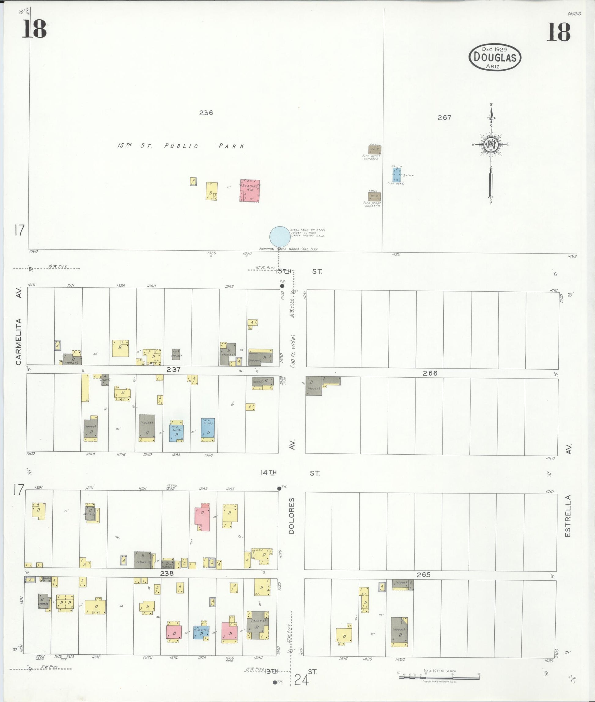 Sanborn Fire Insurance Map from Douglas, Cochise County, Arizona (1929), Sheet #0018 - Complete Map Set gallery image, historic Sanborn map, vintage wall art, Arizona Arizona