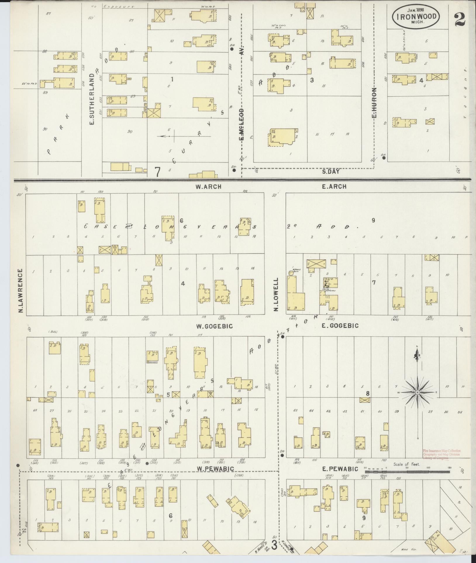 Sanborn Fire Insurance Map from Ironwood, Gogebic County, Michigan (1898), Sheet #0002 - Historic Sanborn Fire Insurance Map Print, vintage old map wall art, antique decor, genealogy gift, Michigan Michigan map