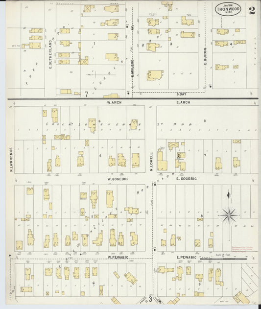 Sanborn Fire Insurance Map from Ironwood, Gogebic County, Michigan (1898), Sheet #0002 - Historic Sanborn Fire Insurance Map Print, vintage old map wall art, antique decor, genealogy gift, Michigan Michigan map