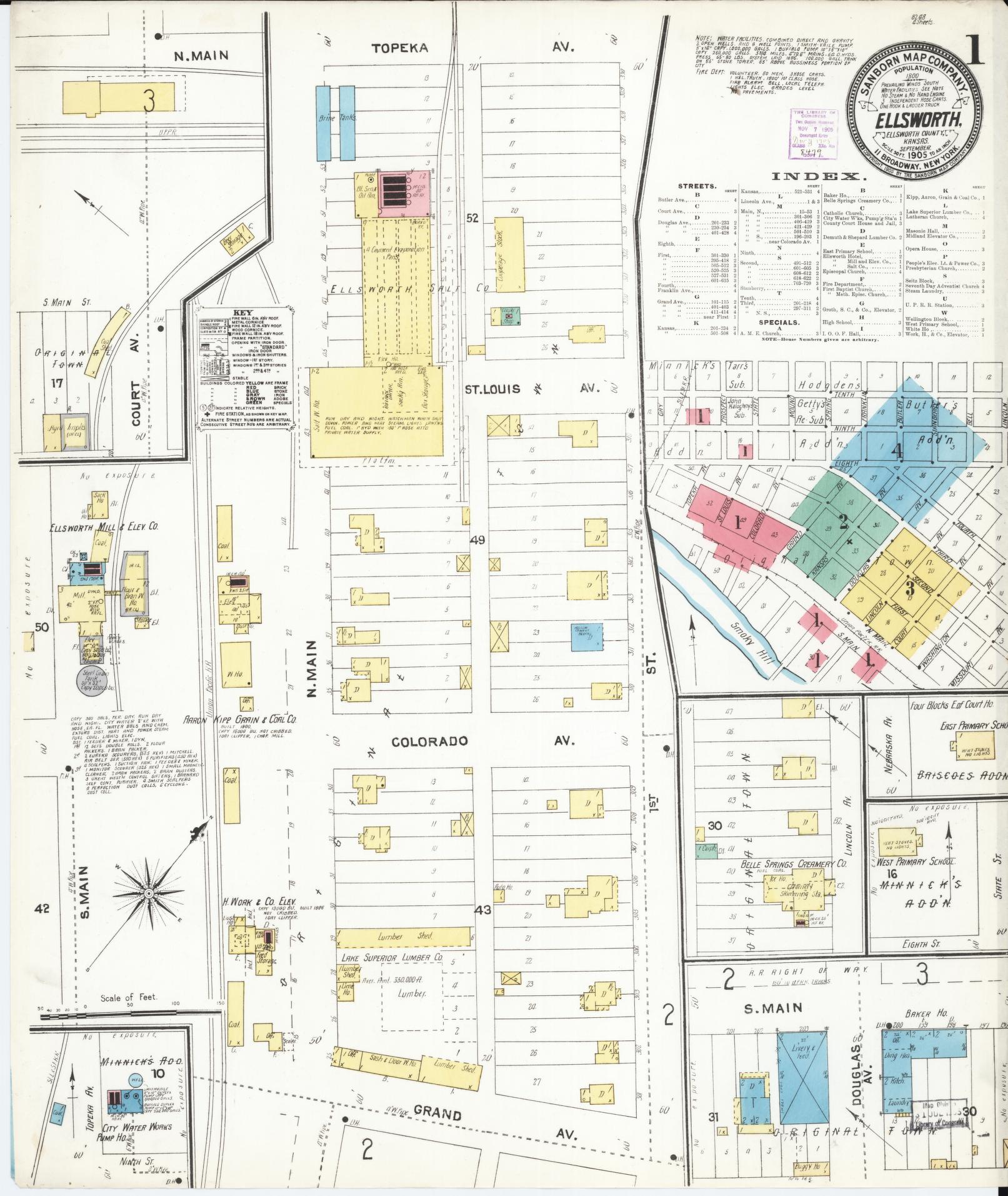 Sanborn Fire Insurance Map from Ellsworth, Ellsworth County, Kansas (1905), Sheet #0001 - Historic Sanborn Fire Insurance Map Print, vintage old map wall art, antique decor, genealogy gift, Kansas Kansas map