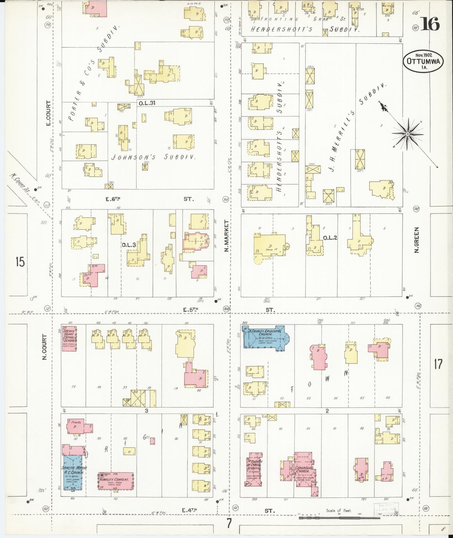 Sanborn Fire Insurance Map from Ottumwa, Wapello County, Iowa (1902), Sheet #0016 - Historic Sanborn Fire Insurance Map Print, vintage old map wall art