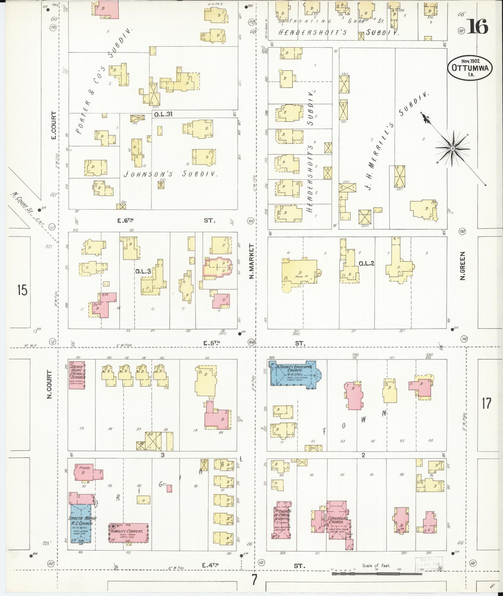 Sanborn Fire Insurance Map from Ottumwa, Wapello County, Iowa (1902), Sheet #0016 - Historic Sanborn Fire Insurance Map Print, vintage old map wall art