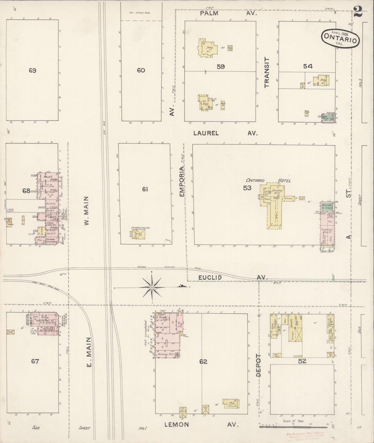 Sanborn Fire Insurance Map from Ontario, San Bernardino County, California (1888), Sheet #0002 - Complete Map Set gallery image, historic Sanborn map, vintage wall art, California California