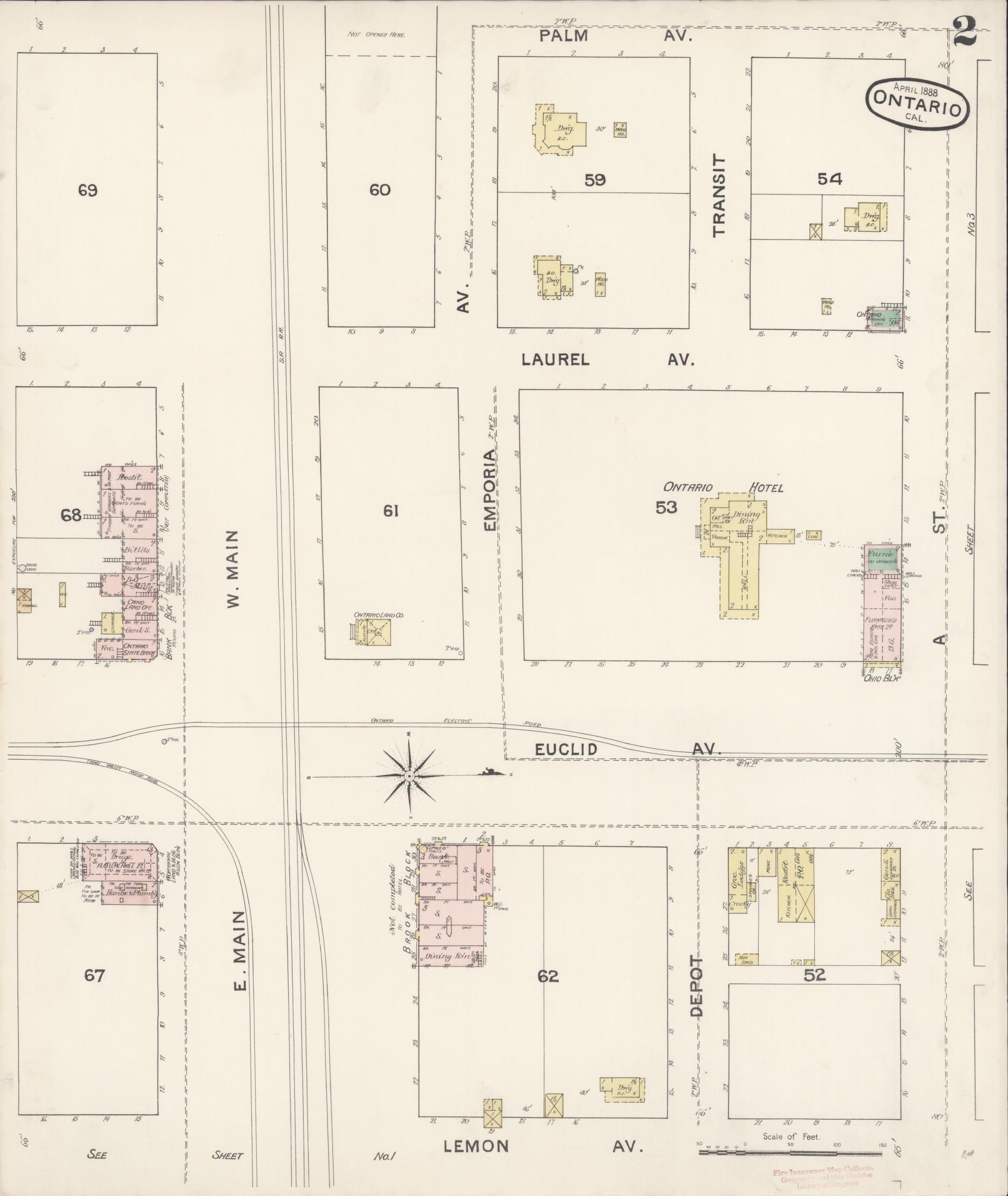 Sanborn Fire Insurance Map from Ontario, San Bernardino County, California (1888), Sheet #0002 - Complete Map Set gallery image, historic Sanborn map, vintage wall art, California California