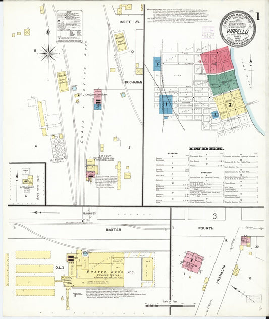 Sanborn Fire Insurance Map from Wapello, Louisa County, Iowa (1909), Sheet #0001 - Historic Sanborn Fire Insurance Map Print, vintage old map wall art
