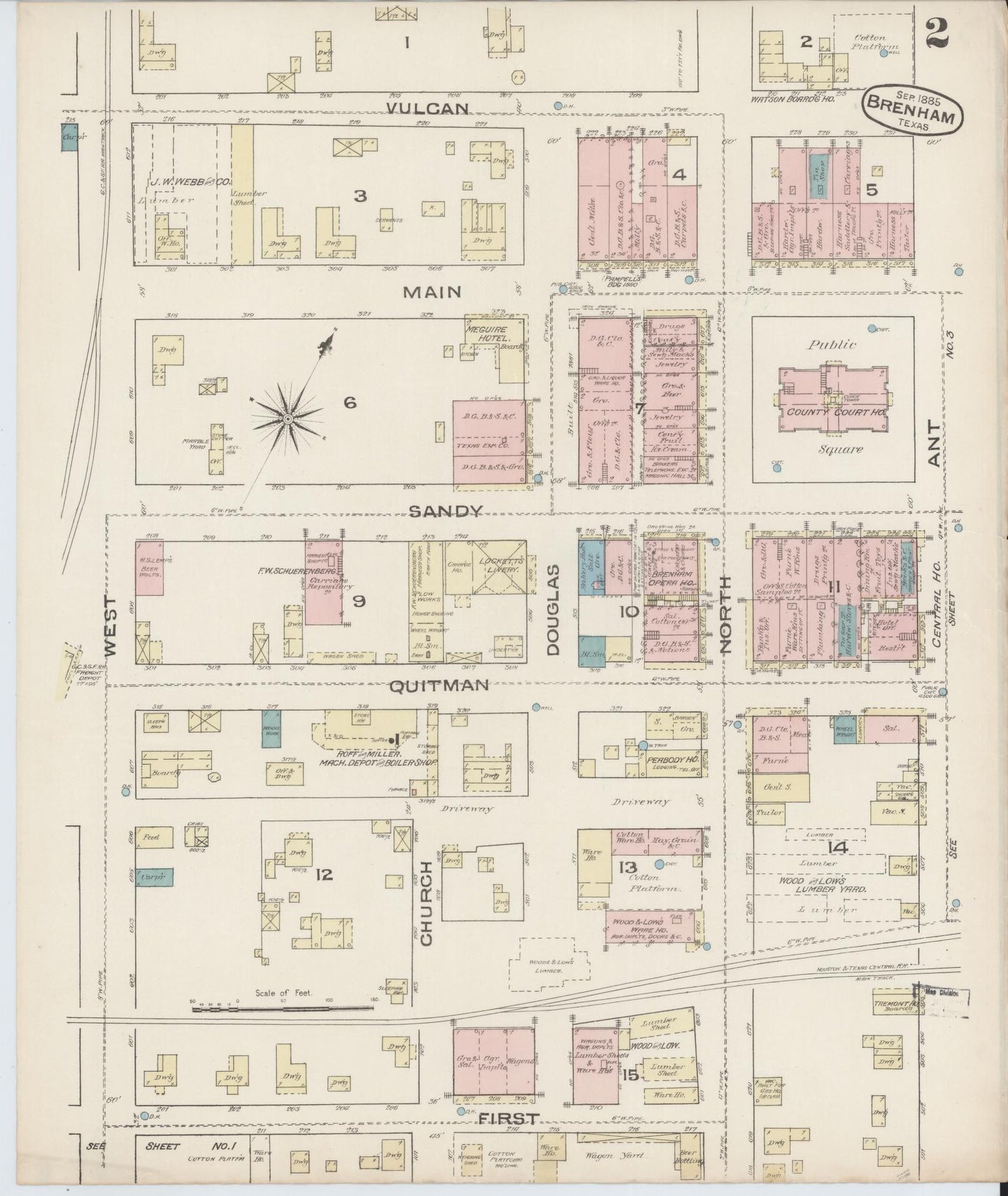 Sanborn Fire Insurance Map from Brenham, Washington County, Texas (1885), Sheet #0002 - Historic Sanborn Fire Insurance Map Print, vintage old map wall art, antique decor, genealogy gift, Texas Texas map