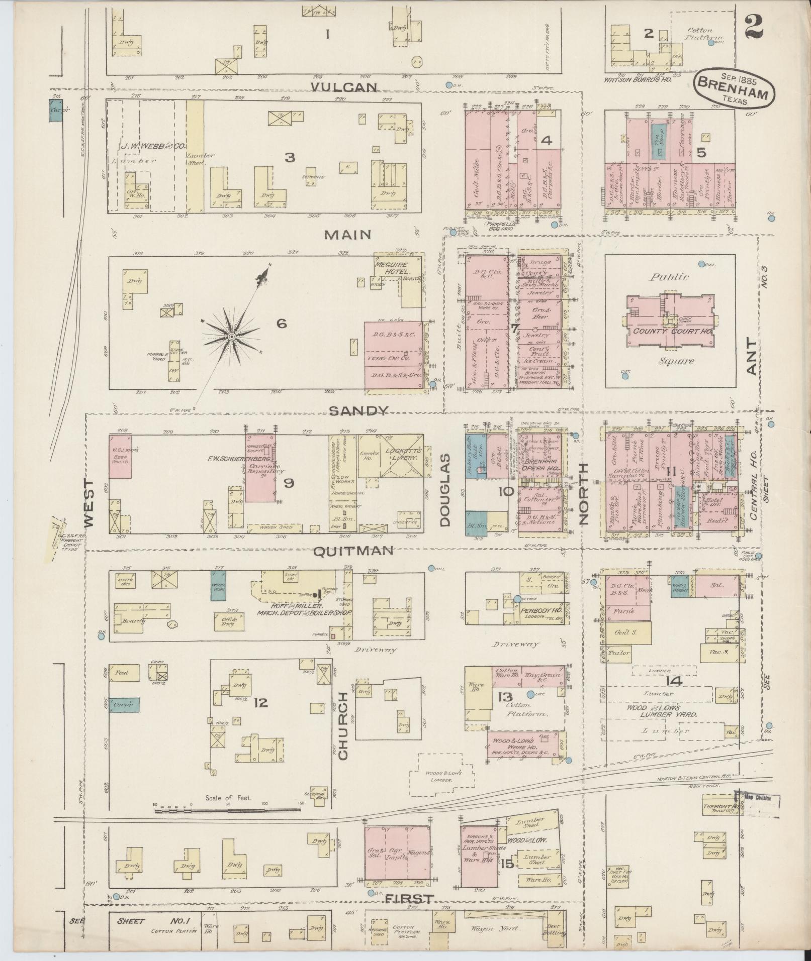 Sanborn Fire Insurance Map from Brenham, Washington County, Texas (1885), Sheet #0002 - Historic Sanborn Fire Insurance Map Print, vintage old map wall art, antique decor, genealogy gift, Texas Texas map