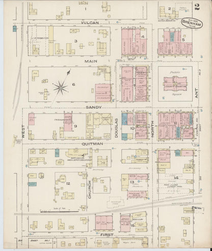 Sanborn Fire Insurance Map from Brenham, Washington County, Texas (1885), Sheet #0002 - Historic Sanborn Fire Insurance Map Print, vintage old map wall art, antique decor, genealogy gift, Texas Texas map
