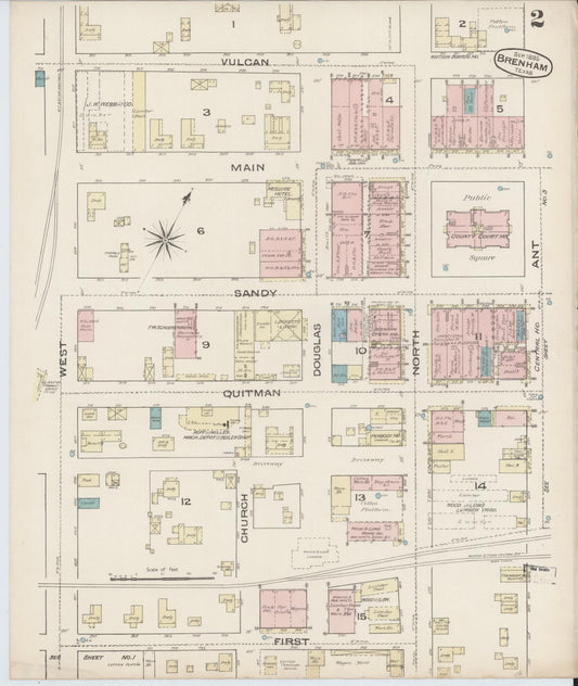 Sanborn Fire Insurance Map from Brenham, Washington County, Texas (1885), Sheet #0002 - Historic Sanborn Fire Insurance Map Print, vintage old map wall art, antique decor, genealogy gift, Texas Texas map