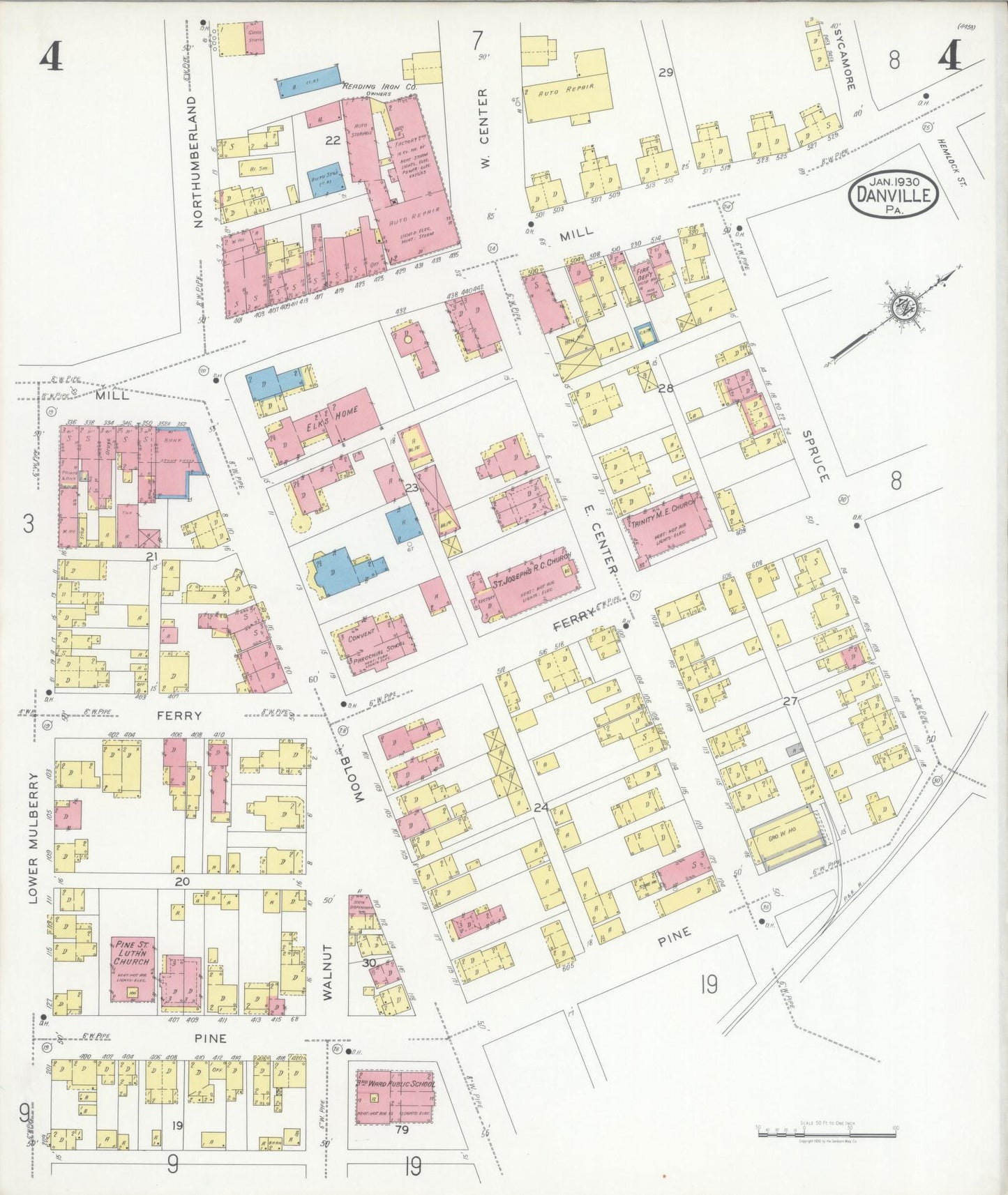 Sanborn Fire Insurance Map from Danville, Montour County, Pennsylvania (1930), Sheet #0004 - Historic Sanborn Fire Insurance Map Print, vintage old map wall art, antique decor, genealogy gift, Pennsylvania Pennsylvania map