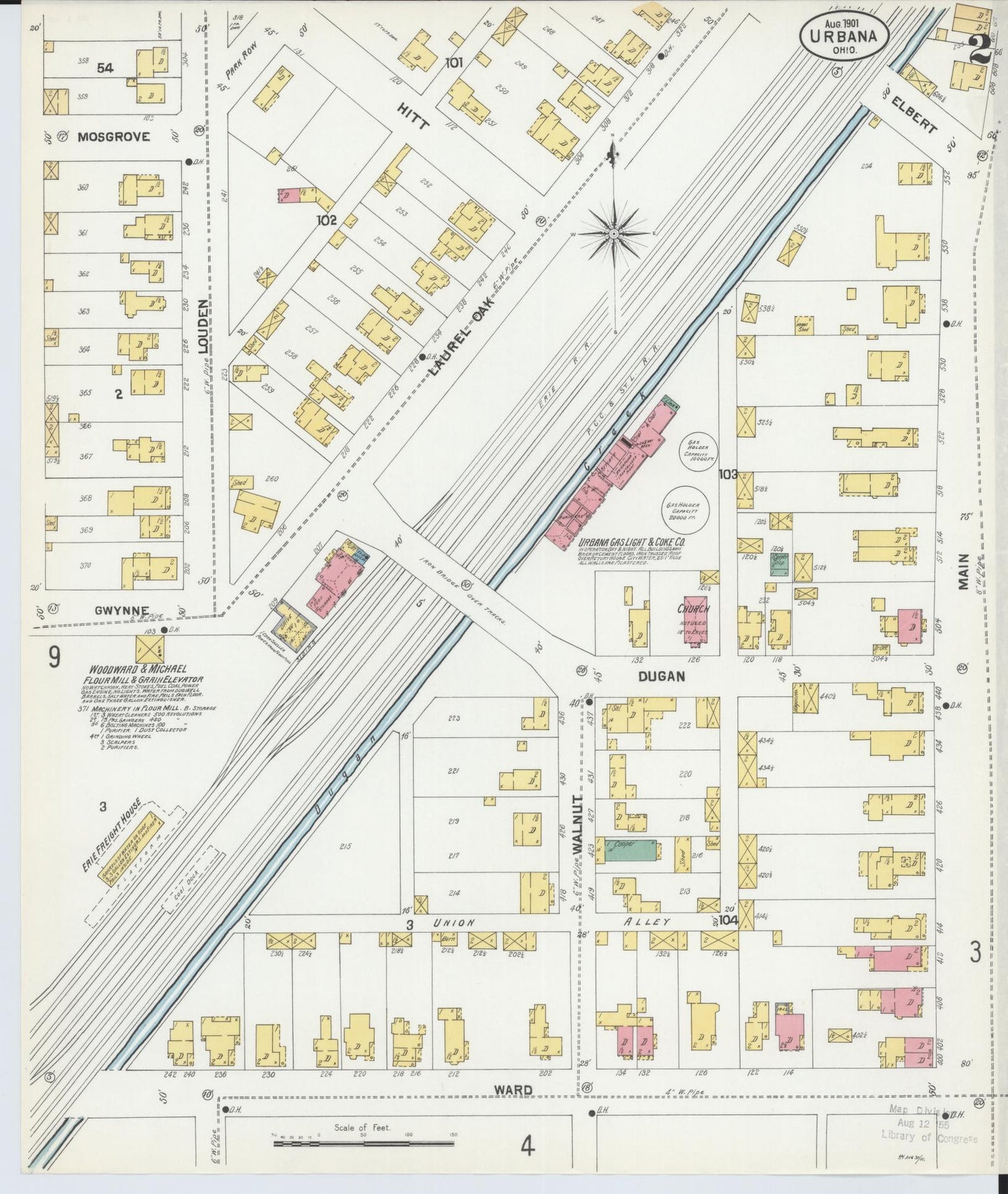 Sanborn Fire Insurance Map from Urbana, Champaign County, Ohio (1901), Sheet #0002 - Complete Map Set gallery image, historic Sanborn map, vintage wall art, Ohio Ohio