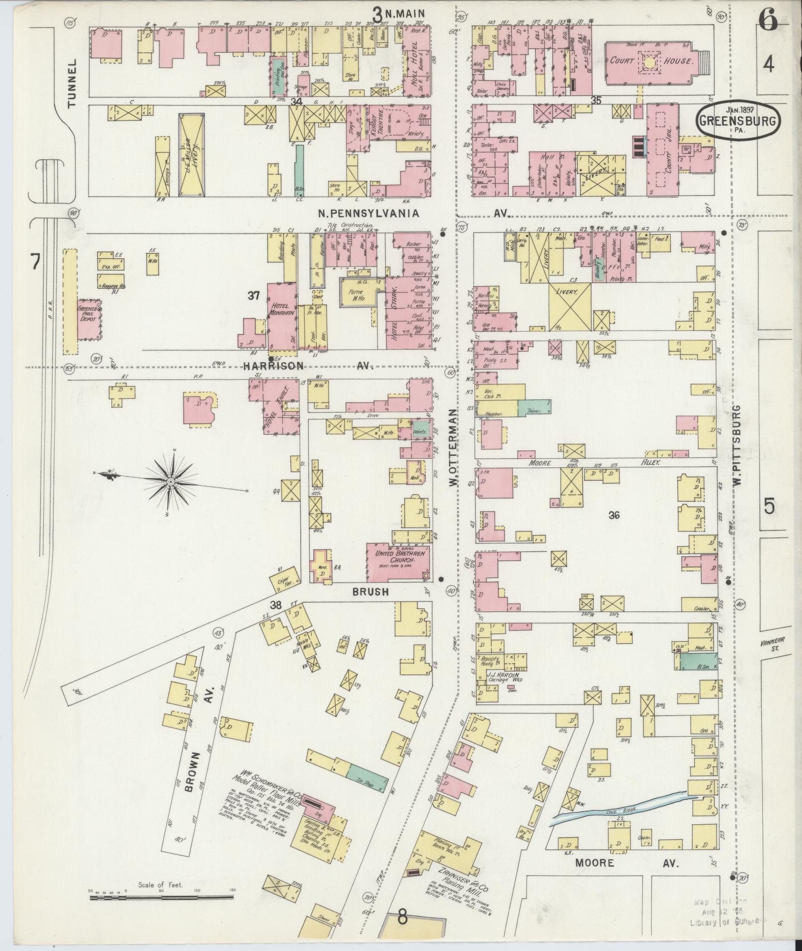 Sanborn Fire Insurance Map from Greensburg, Westmoreland County, Pennsylvania (1897), Sheet #0006 - Historic Sanborn Fire Insurance Map Print, vintage old map wall art, antique decor, genealogy gift, Pennsylvania Pennsylvania map