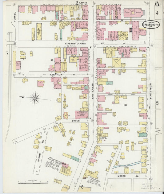 Sanborn Fire Insurance Map from Greensburg, Westmoreland County, Pennsylvania (1897), Sheet #0006 - Historic Sanborn Fire Insurance Map Print, vintage old map wall art, antique decor, genealogy gift, Pennsylvania Pennsylvania map