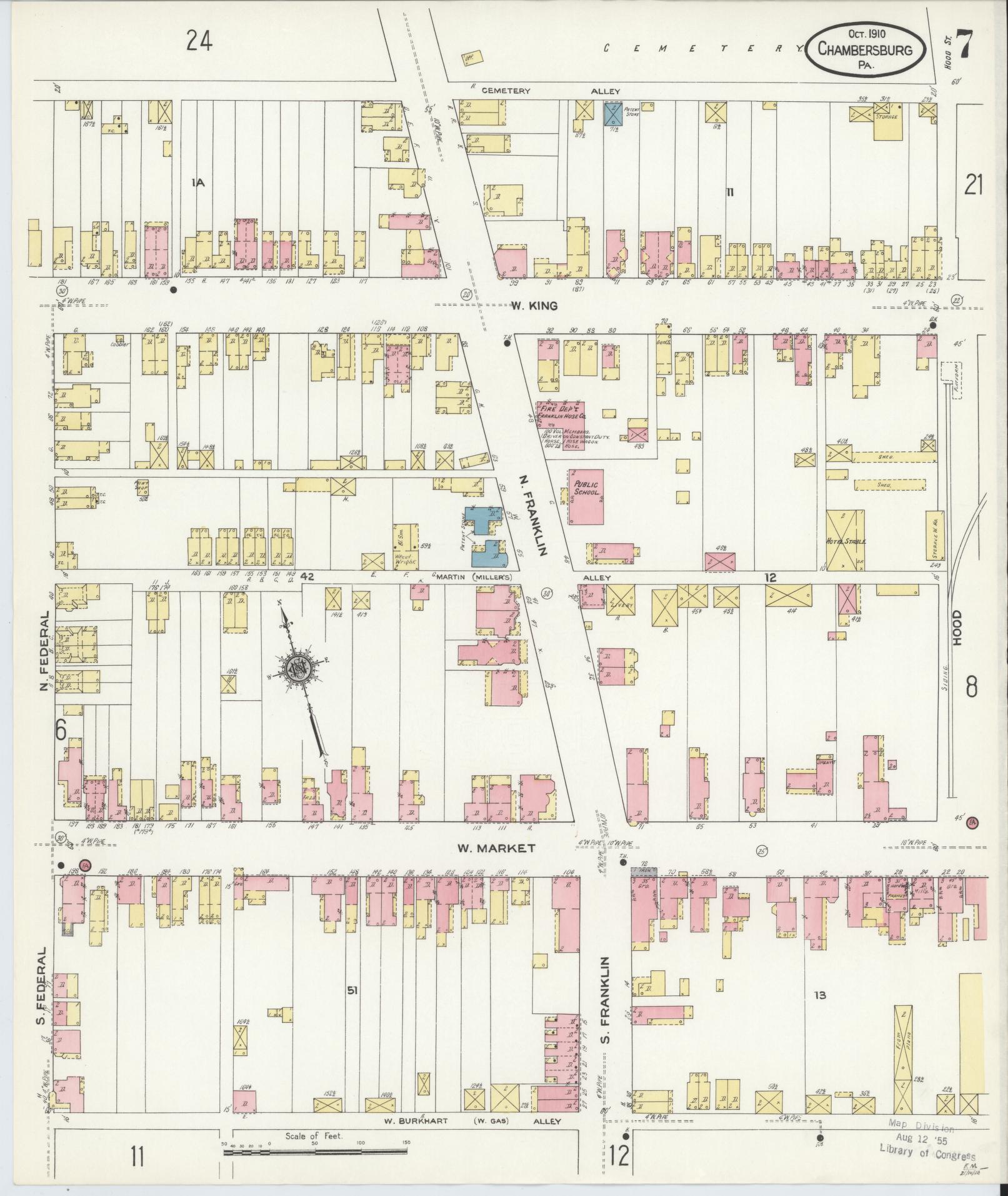Sanborn Fire Insurance Map from Chambersburg, Franklin County, Pennsylvania (1910), Sheet #0007 - Historic Sanborn Fire Insurance Map Print, vintage old map wall art, antique decor, genealogy gift, Pennsylvania Pennsylvania map