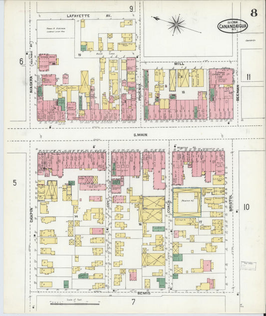 Sanborn Fire Insurance Map from Canandaigua, Ontario County, New York (1904), Sheet #0008 - Historic Sanborn Fire Insurance Map Print, vintage old map wall art, antique decor, genealogy gift, New York New York map