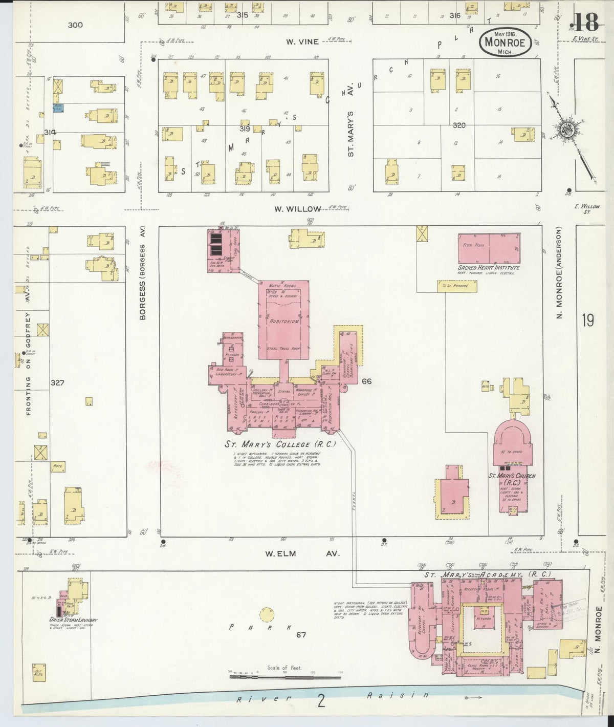 Sanborn Fire Insurance Map from Monroe, Monroe County, Michigan (1916), Sheet #0018 - Historic Sanborn Fire Insurance Map Print, vintage old map wall art, antique decor, genealogy gift, Michigan Michigan map