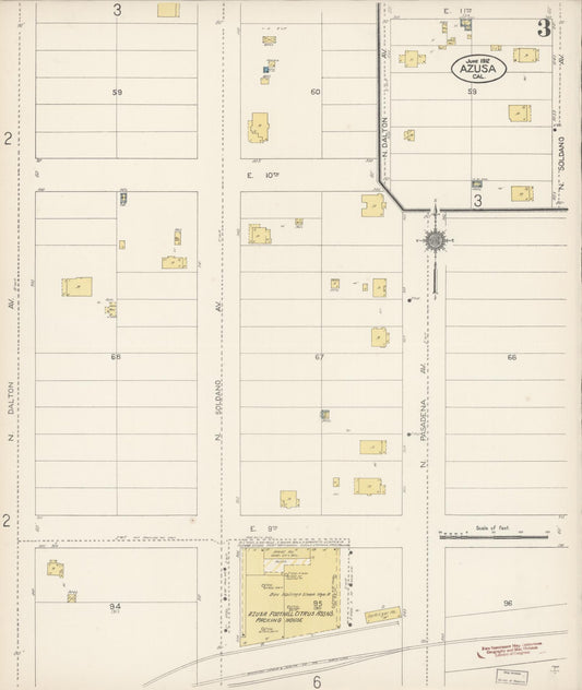 Sanborn Fire Insurance Map from Azusa, Los Angeles County, California (1912), Sheet #0003 - Historic Sanborn Fire Insurance Map Print, vintage old map wall art, antique decor, genealogy gift, California California map
