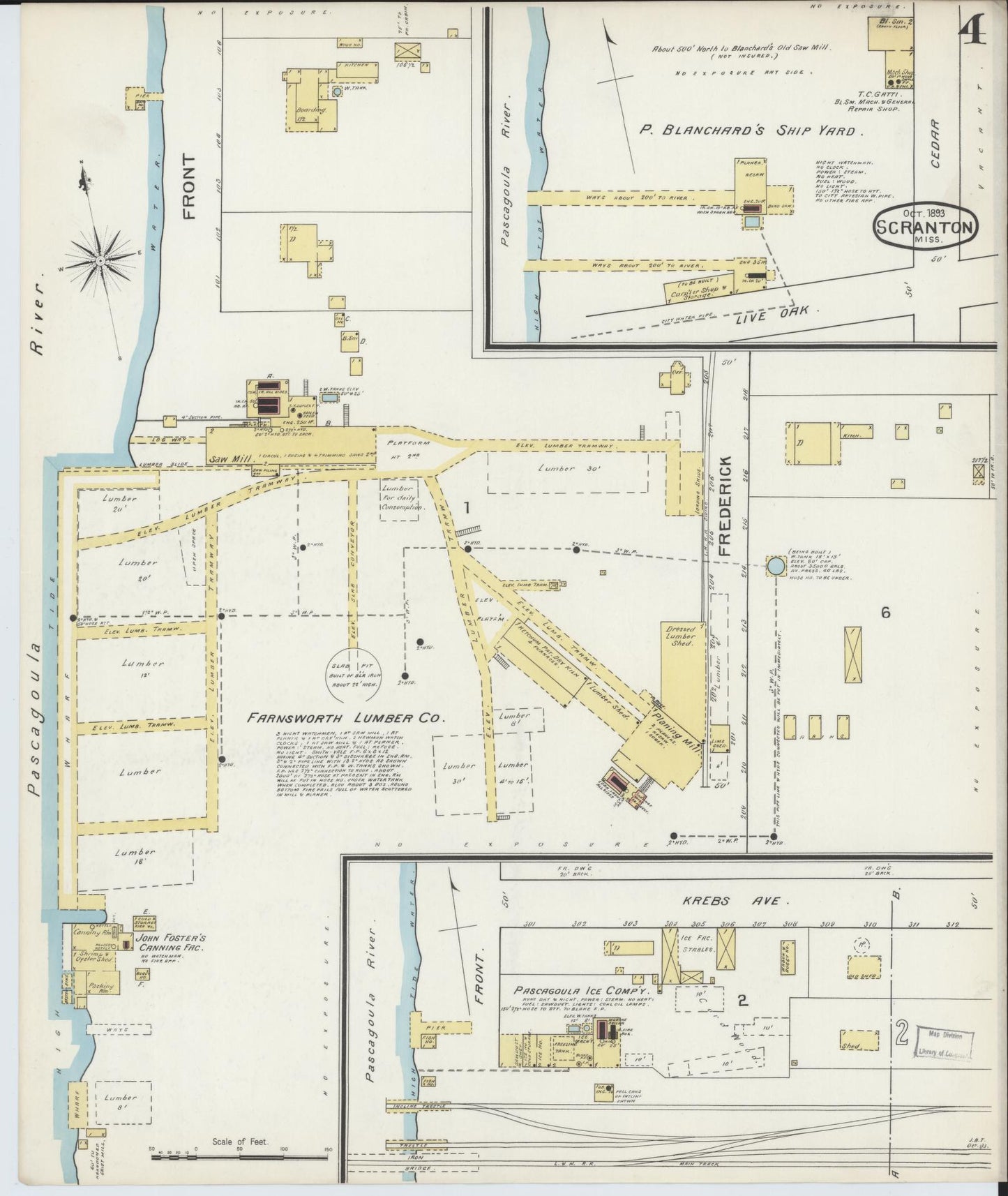 Sanborn Fire Insurance Map from Scranton, Jackson County, Mississippi (1893), Sheet #0004 - Historic Sanborn Fire Insurance Map Print, vintage old map wall art, antique decor, genealogy gift, Mississippi Mississippi map