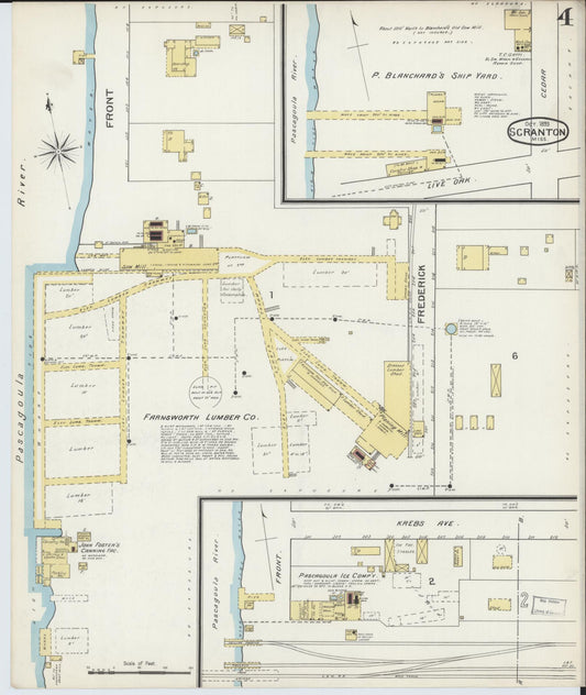 Sanborn Fire Insurance Map from Scranton, Jackson County, Mississippi (1893), Sheet #0004 - Historic Sanborn Fire Insurance Map Print, vintage old map wall art, antique decor, genealogy gift, Mississippi Mississippi map