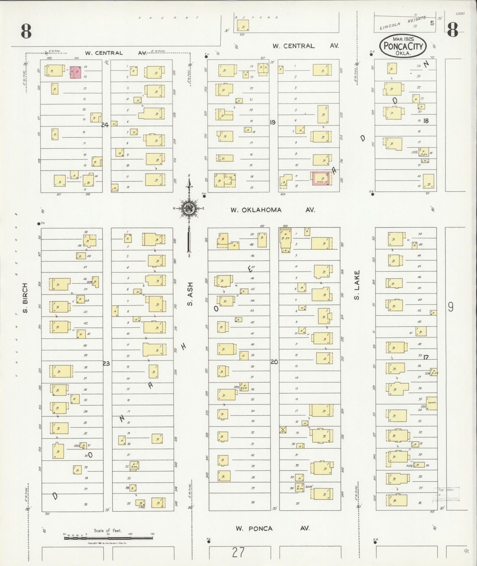 Sanborn Fire Insurance Map from Ponca City, Kay County, Oklahoma (1925), Sheet #0008 - Historic Sanborn Fire Insurance Map Print, vintage old map wall art, antique decor, genealogy gift, Oklahoma Oklahoma map