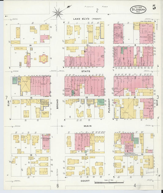 Sanborn Fire Insurance Map from Saint Joseph, Berrien County, Michigan (1908), Sheet #0005 - Historic Sanborn Fire Insurance Map Print, vintage old map wall art, antique decor, genealogy gift, Michigan Michigan map