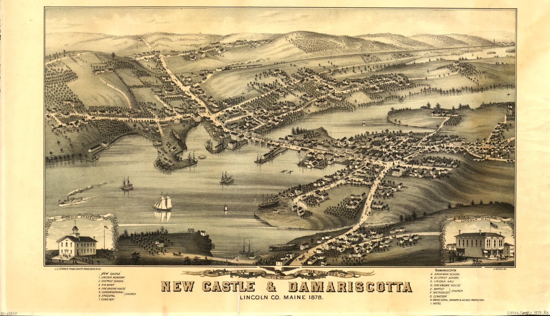 Birds eye view of the villages of New Castle & Damariscotta, Lincoln Co., Maine, 1878 (1878) – Historic Bird’s-Eye View Panorama Print