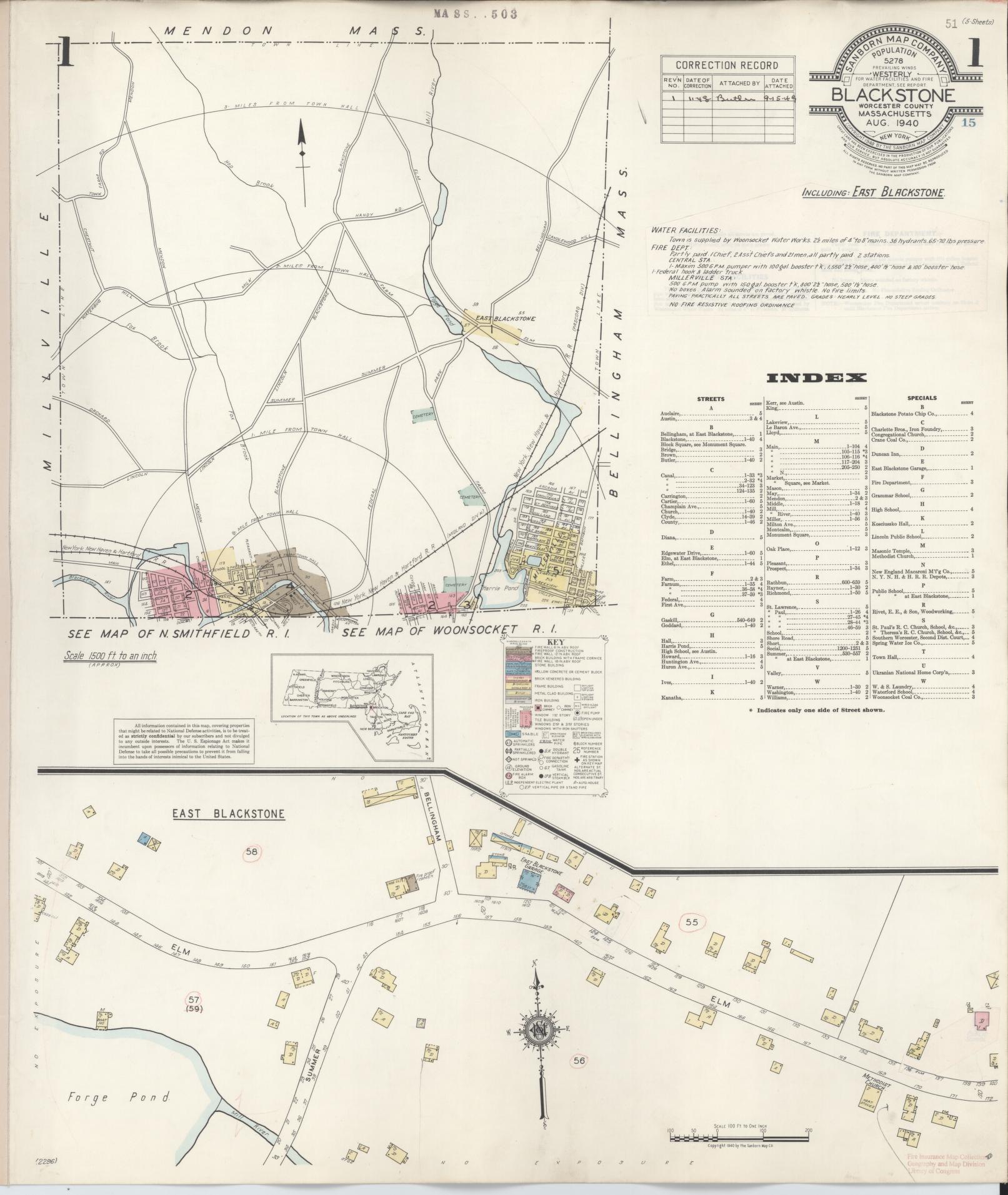 Sanborn Fire Insurance Map from Blackstone, Worcester County, Massachusetts (1948), Sheet #0001 - Complete Map Set gallery image, historic Sanborn map, vintage wall art, Massachusetts Massachusetts