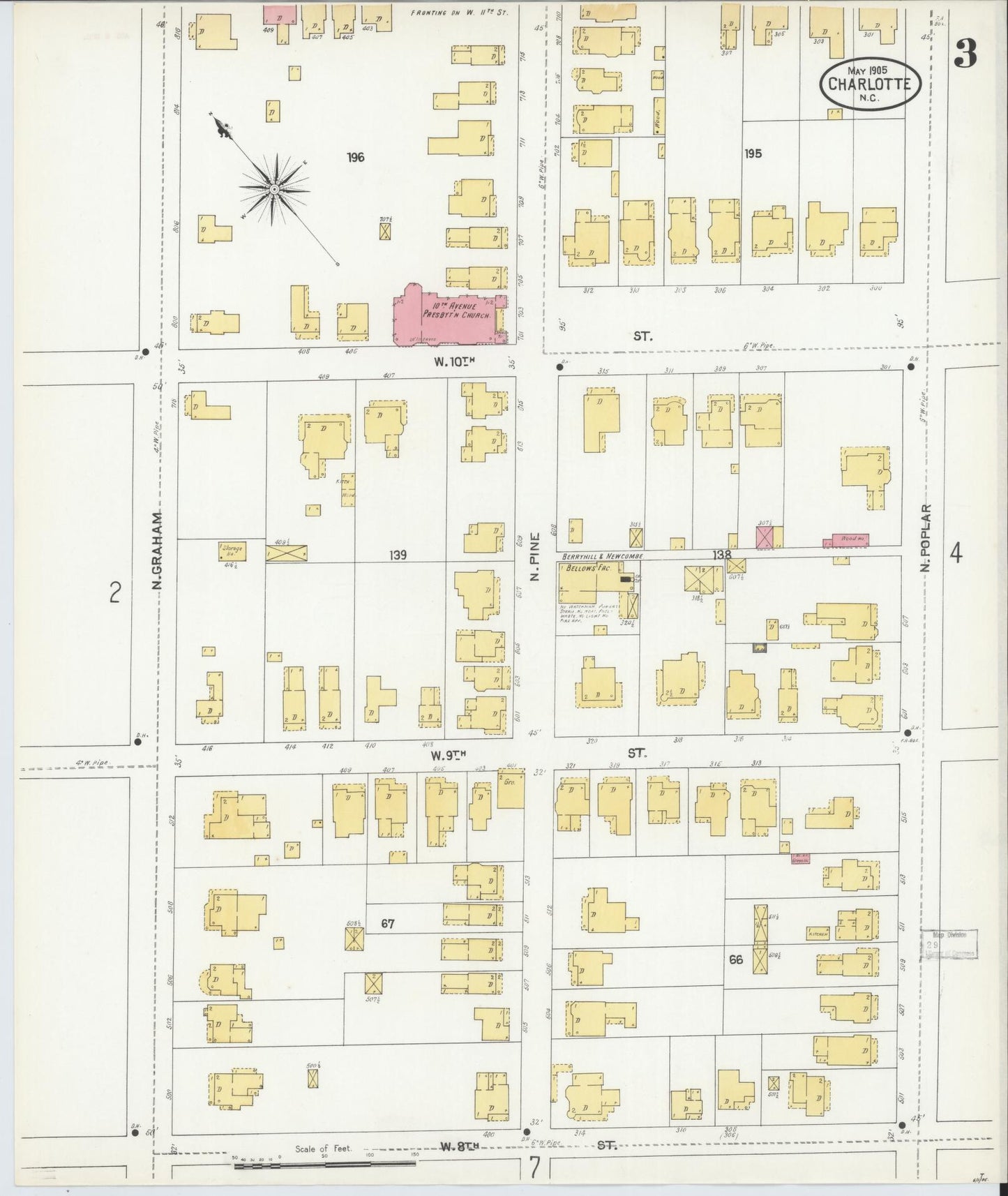 Sanborn Fire Insurance Map from Charlotte, Mecklenburg County, North Carolina (1905), Sheet #0003 - Complete Map Set gallery image, historic Sanborn map, vintage wall art, North Carolina North Carolina