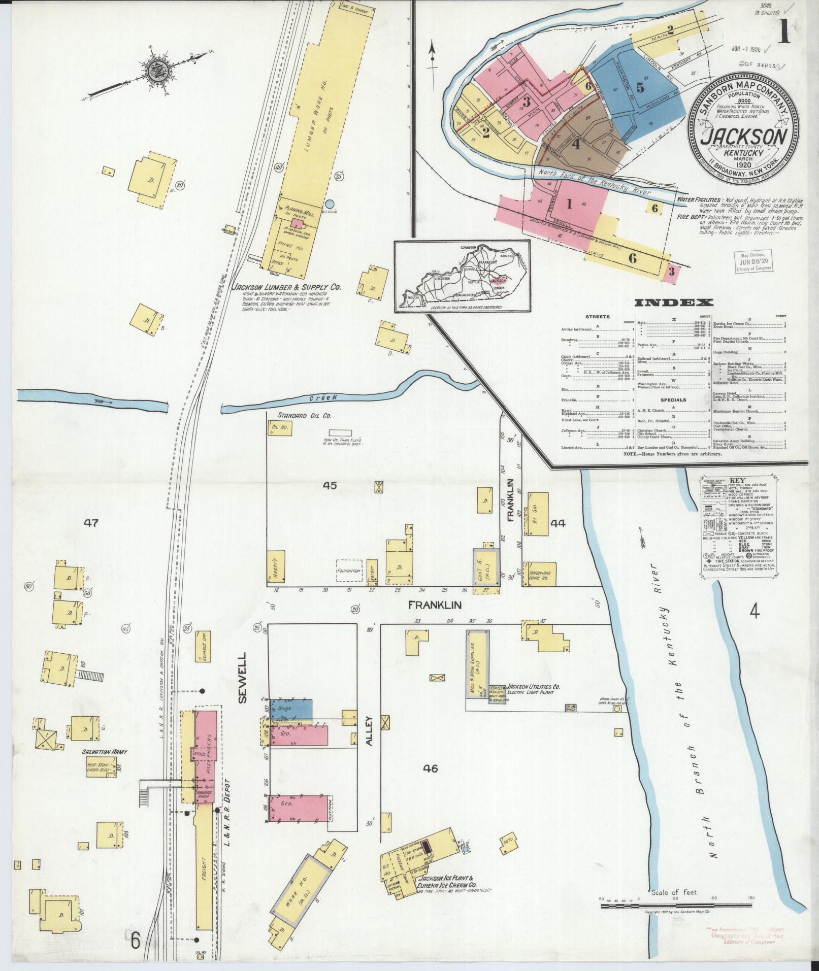 Sanborn Fire Insurance Map from Jackson, Breathitt County, Kentucky (1920), Sheet #0001 - Complete Map Set gallery image, historic Sanborn map, vintage wall art, Kentucky Kentucky