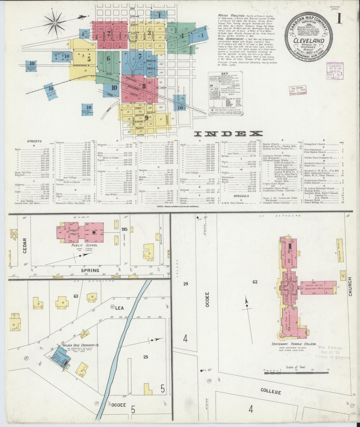 Sanborn Fire Insurance Map from Cleveland, Bradley County, Tennessee (1907), Sheet #0001 - Historic Sanborn Fire Insurance Map Print, vintage old map wall art, antique decor, genealogy gift, Tennessee Tennessee map