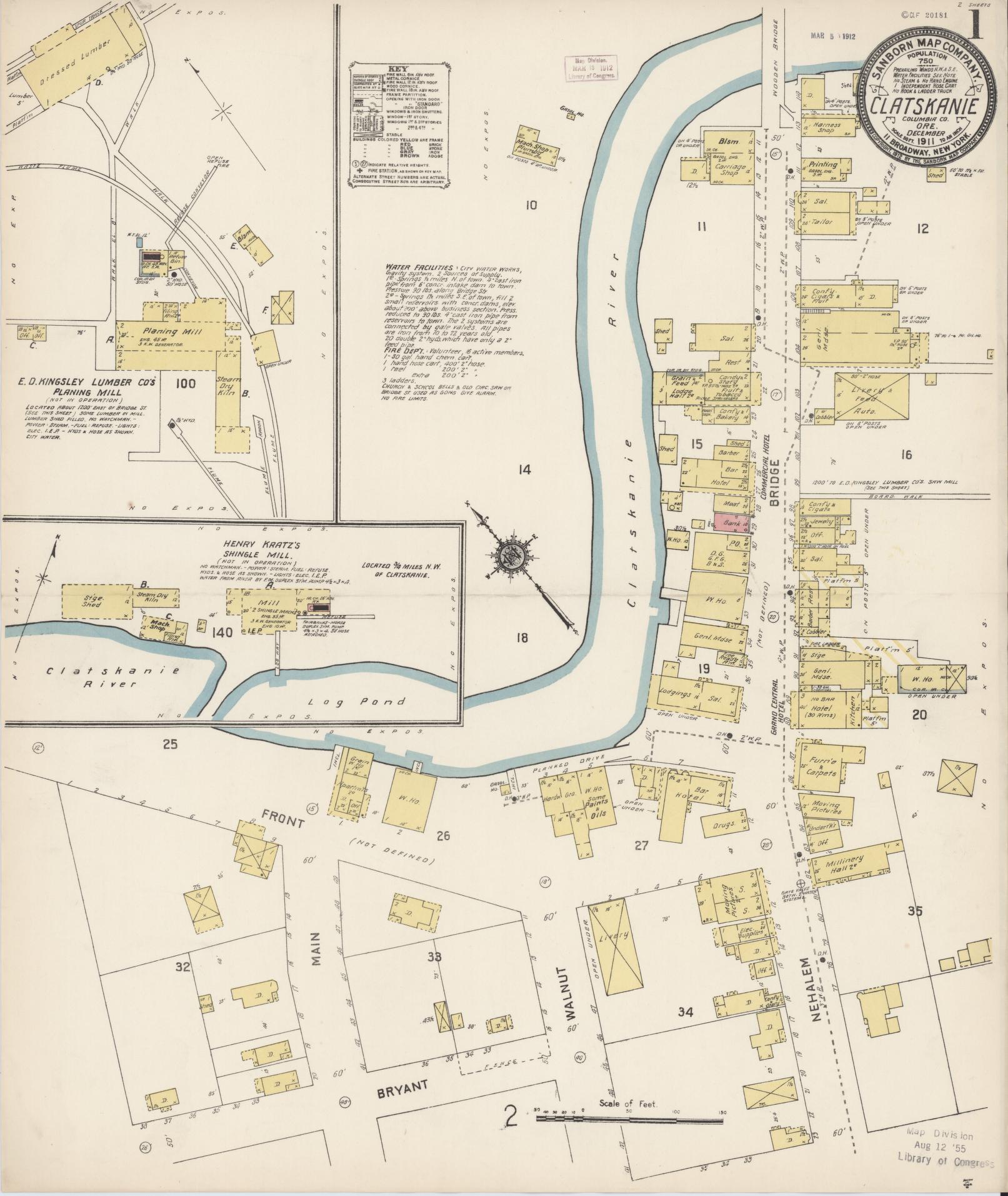 Sanborn Fire Insurance Map from Clatskanie, Columbia County, Oregon (1911), Sheet #0001 - Complete Map Set gallery image, historic Sanborn map, vintage wall art, Oregon Oregon