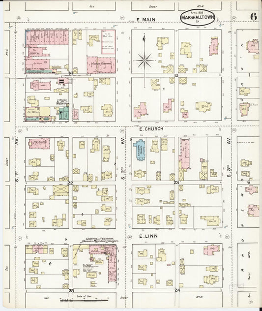 Sanborn Fire Insurance Map from Marshalltown, Marshall County, Iowa (1888), Sheet #0006 - Historic Sanborn Fire Insurance Map Print, vintage old map wall art