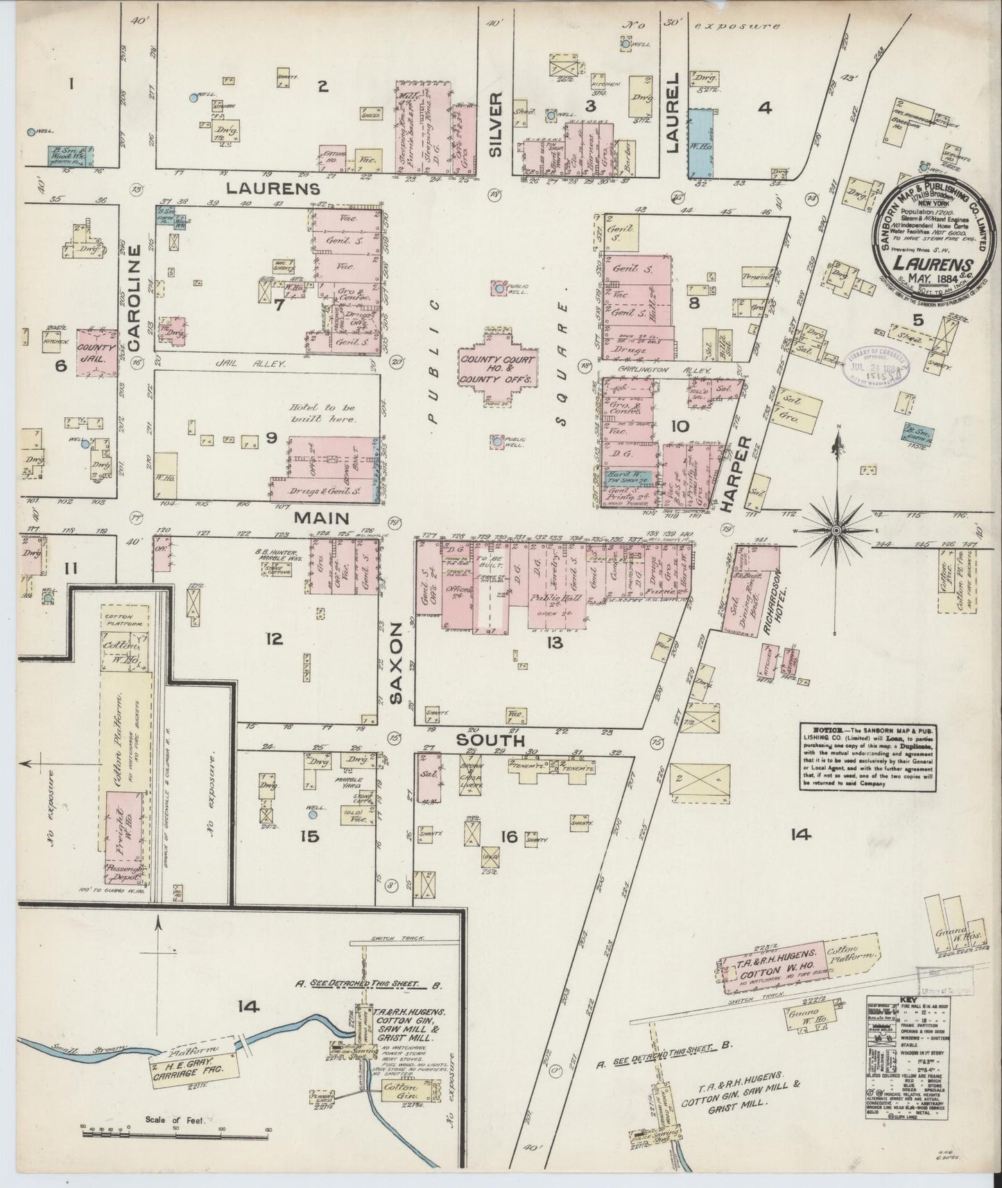 Sanborn Fire Insurance Map from Laurens, Laurens County, South Carolina (1884), Sheet #0001 - Historic Sanborn Fire Insurance Map Print, vintage old map wall art, antique decor, genealogy gift, South Carolina South Carolina map