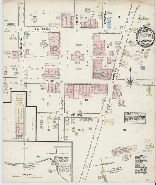 Sanborn Fire Insurance Map from Laurens, Laurens County, South Carolina (1884), Sheet #0001 - Historic Sanborn Fire Insurance Map Print, vintage old map wall art, antique decor, genealogy gift, South Carolina South Carolina map