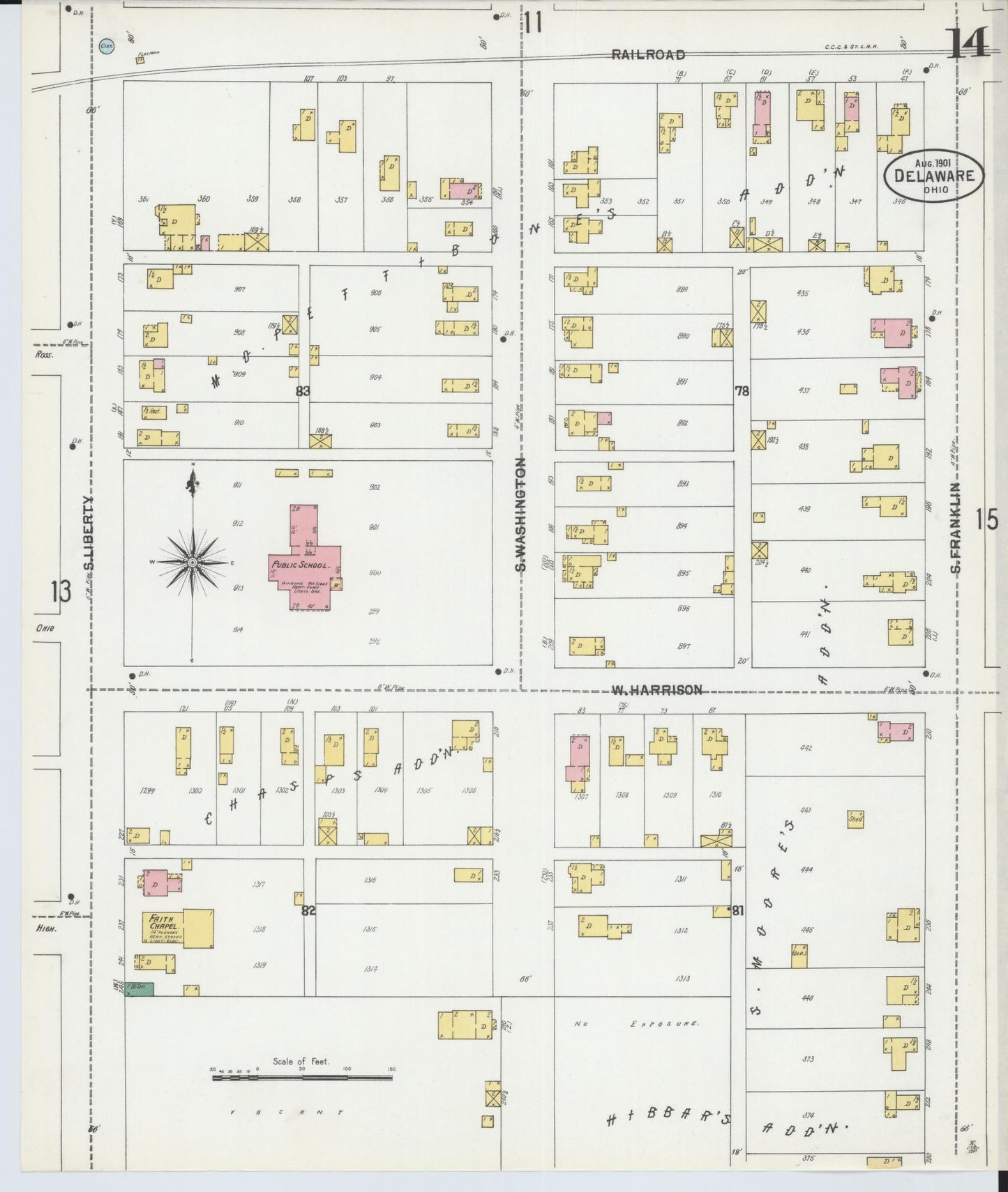 Sanborn Fire Insurance Map from Delaware, Delaware County, Ohio (1901), Sheet #0014 - Historic Sanborn Fire Insurance Map Print, vintage old map wall art, antique decor, genealogy gift, Sanborn Fire Insurance Map from Delaware Delaware map