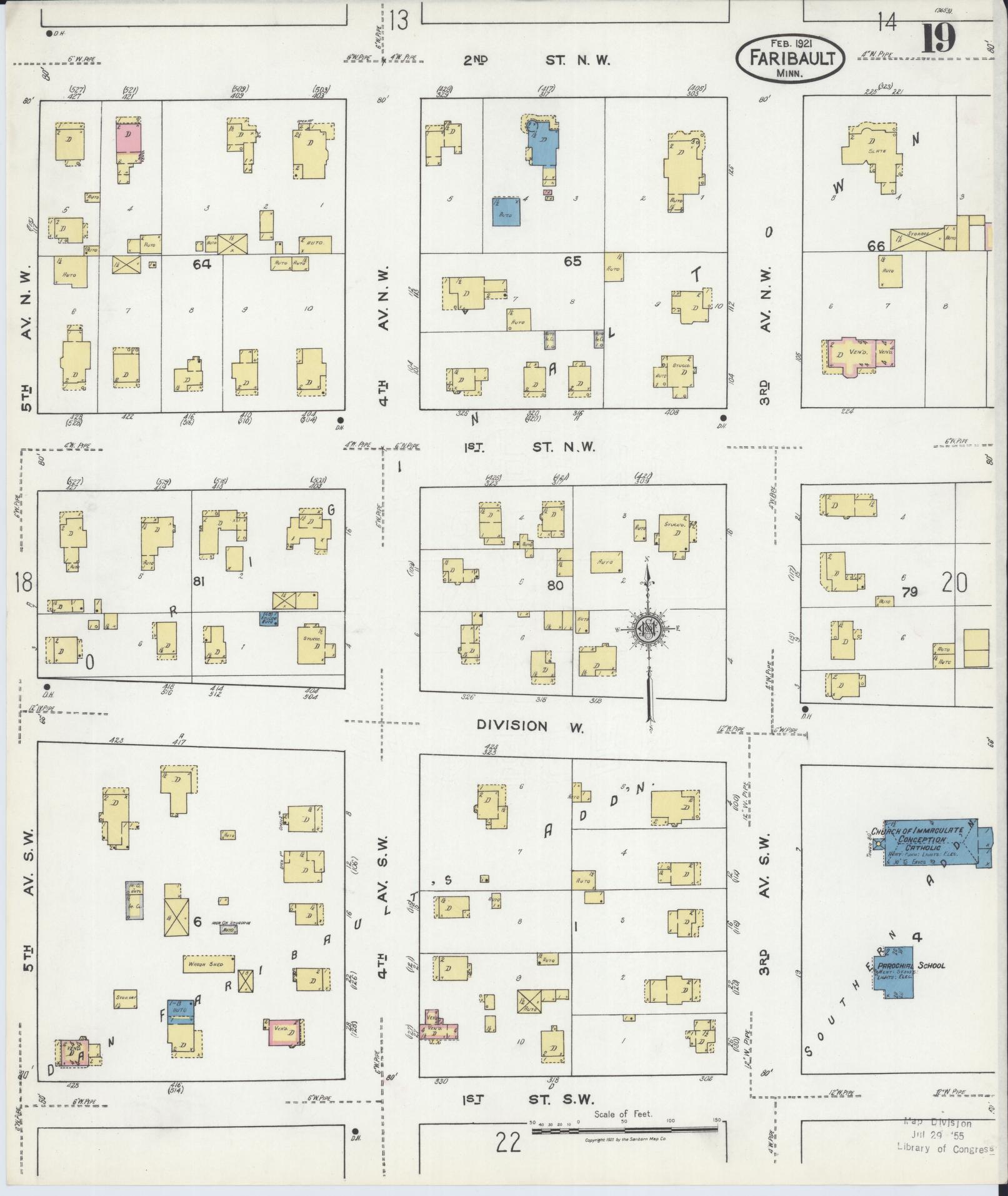 Sanborn Fire Insurance Map from Faribault, Rice County, Minnesota (1921), Sheet #0019 - Complete Map Set gallery image, historic Sanborn map, vintage wall art, Minnesota Minnesota