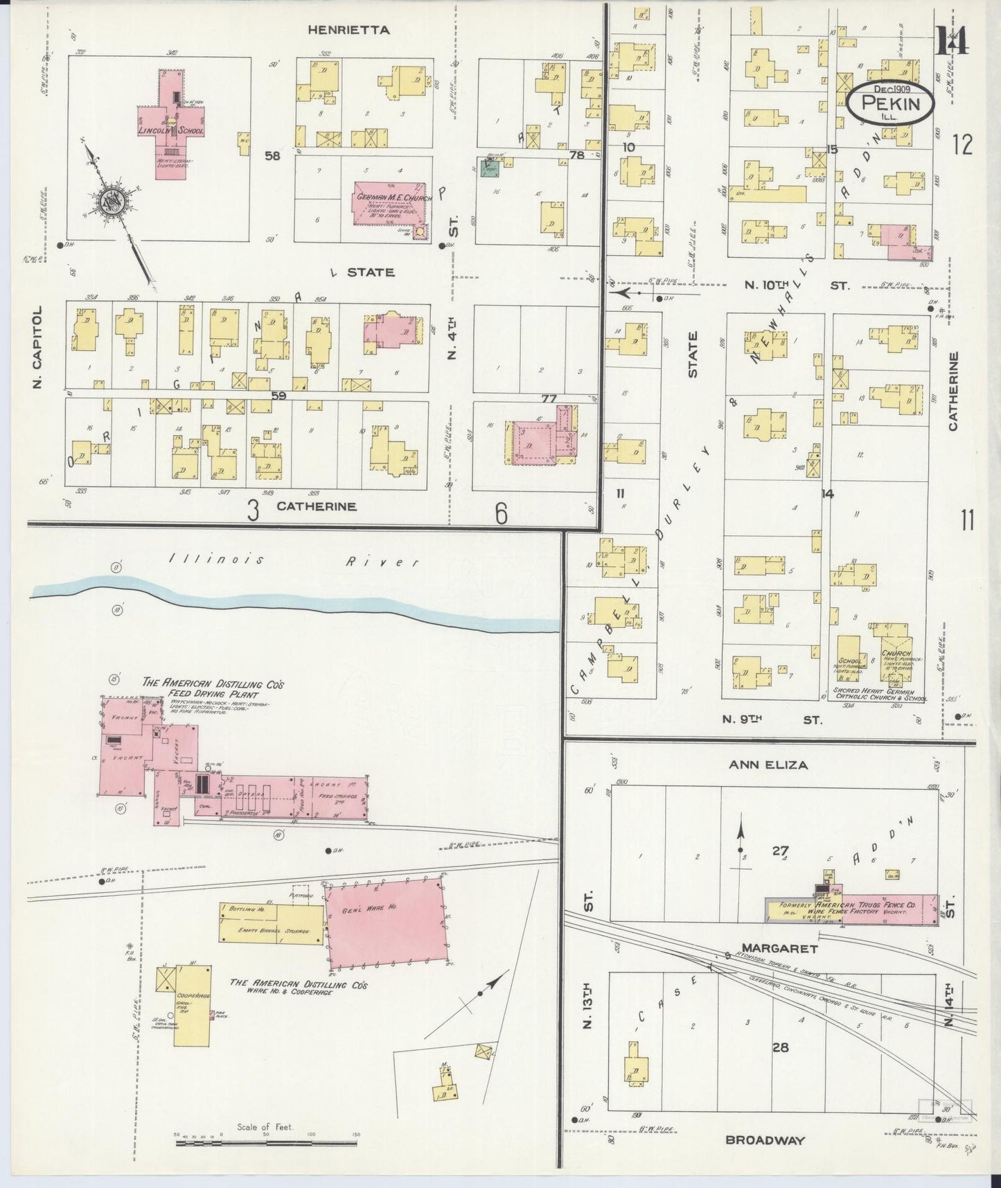 Sanborn Fire Insurance Map from Pekin, Tazewell County, Illinois (1909), Sheet #0014 - Historic Sanborn Fire Insurance Map Print, vintage old map wall art, antique decor, genealogy gift, Illinois Illinois map