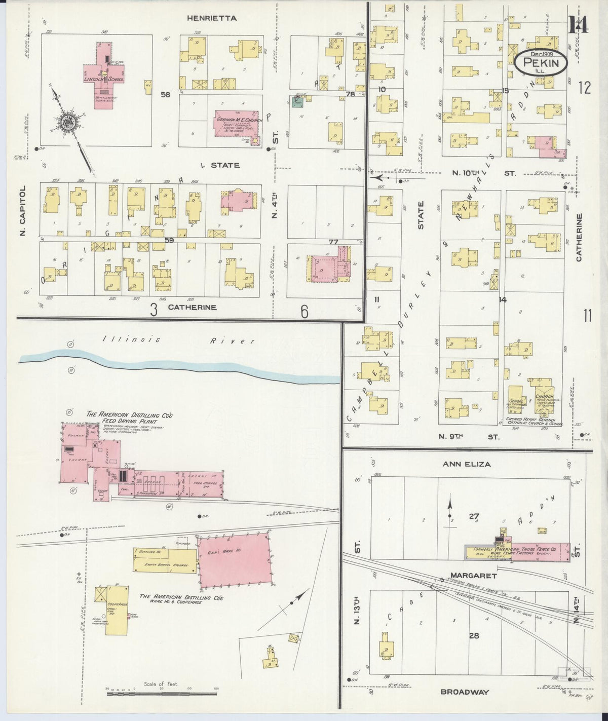 Sanborn Fire Insurance Map from Pekin, Tazewell County, Illinois (1909), Sheet #0014 - Historic Sanborn Fire Insurance Map Print, vintage old map wall art, antique decor, genealogy gift, Illinois Illinois map
