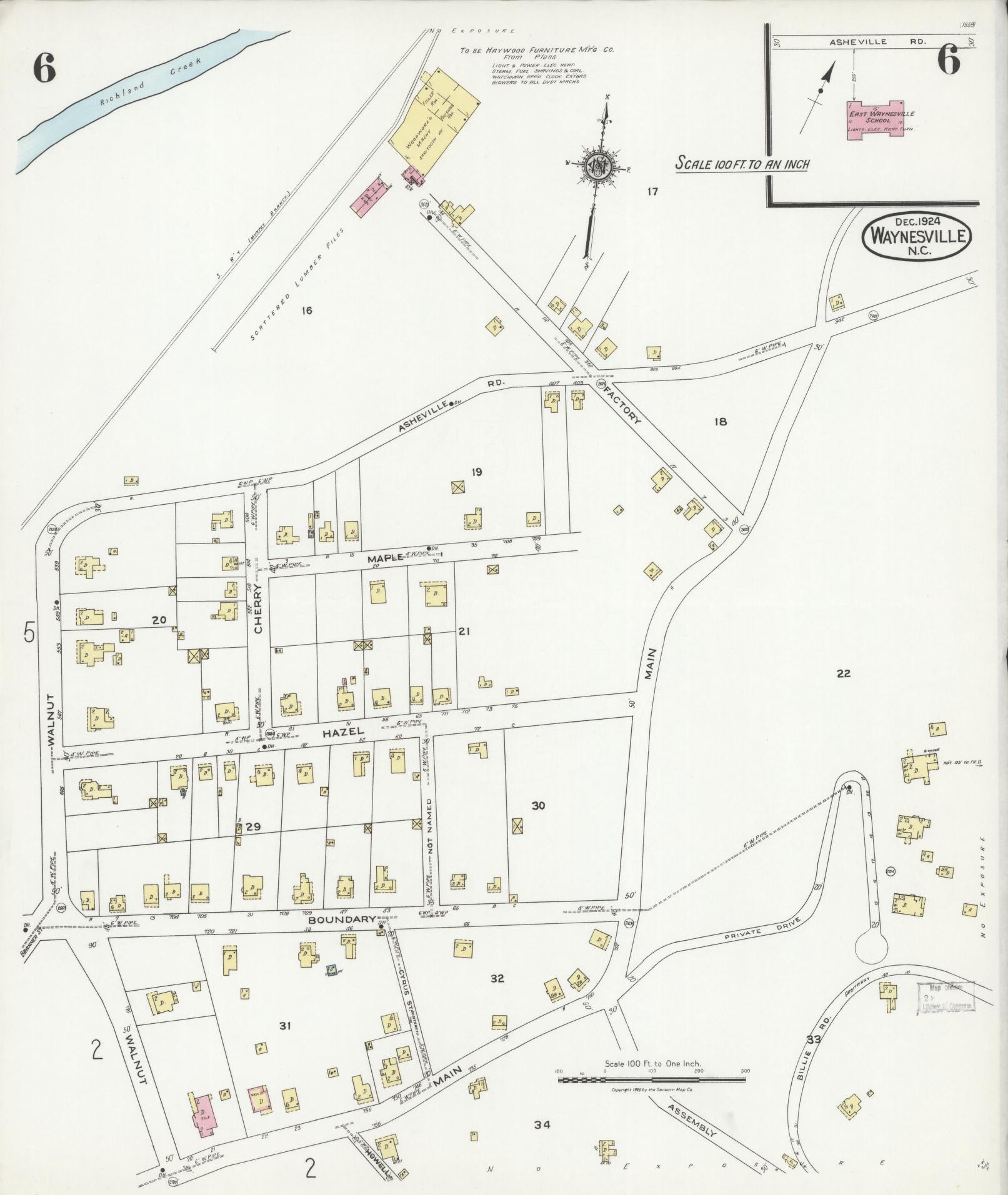Sanborn Fire Insurance Map from Waynesville, Haywood County, North Carolina (1924), Sheet #0006 - Historic Sanborn Fire Insurance Map Print, vintage old map wall art, antique decor, genealogy gift, North Carolina North Carolina map