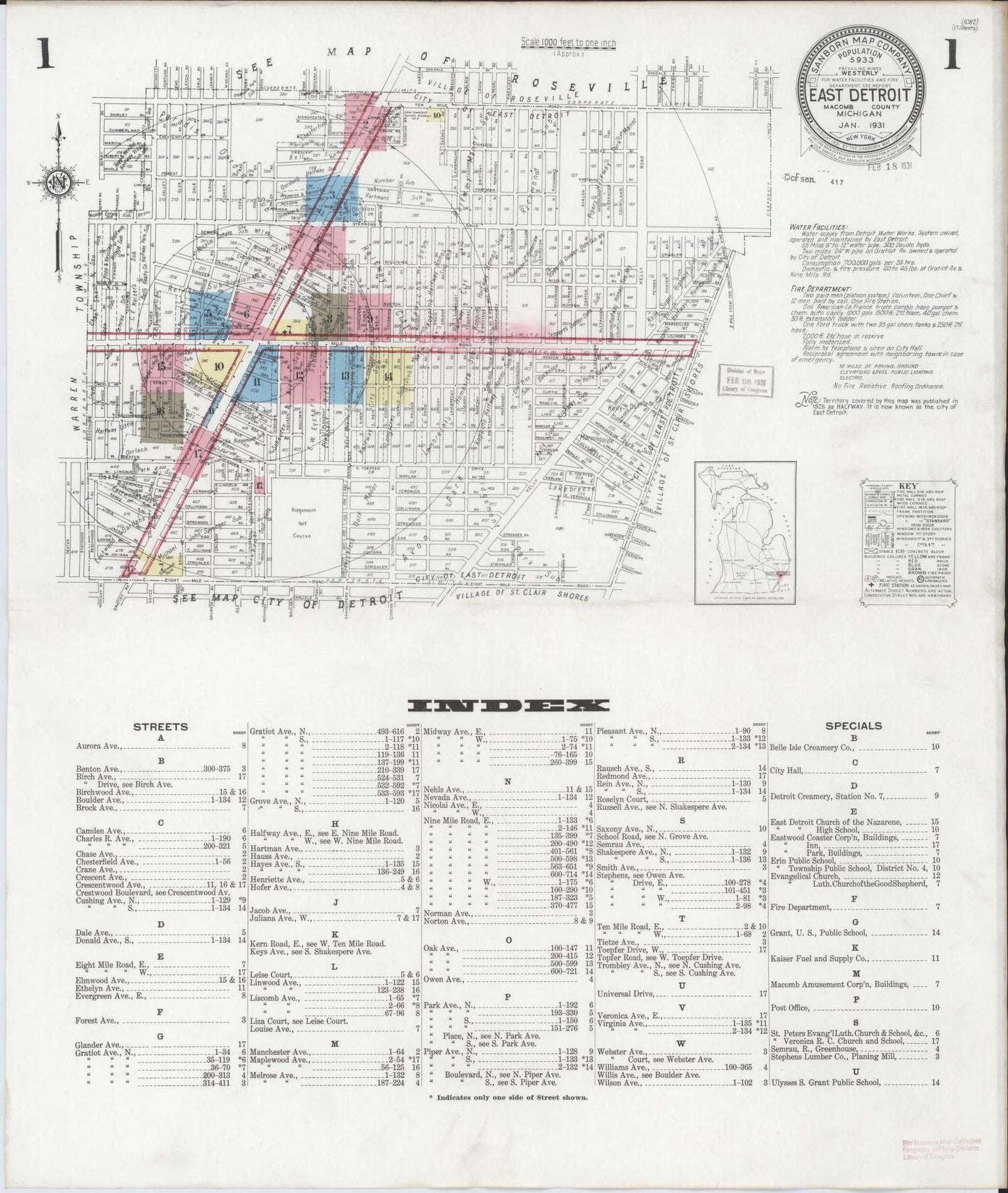 Sanborn Fire Insurance Map from East Detroit, Macomb County, Michigan (1931), Sheet #0001 - Historic Sanborn Fire Insurance Map Print, vintage old map wall art, antique decor, genealogy gift, Michigan Michigan map