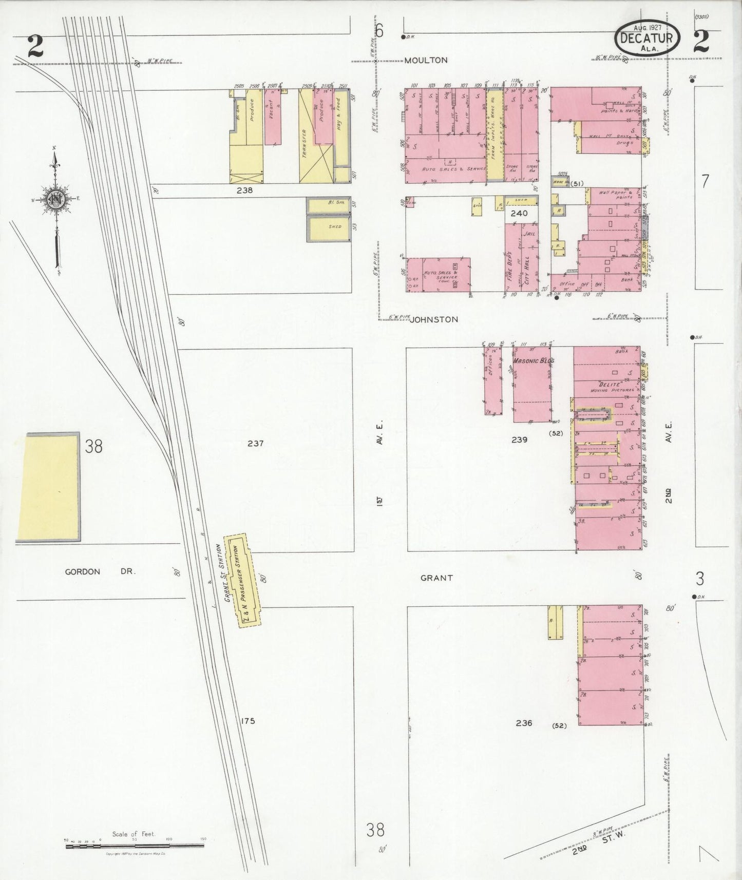 Sanborn Fire Insurance Map from Decatur, Morgan County, Alabama (1927), Sheet #0002 - Complete Map Set gallery image, historic Sanborn map, vintage wall art, Alabama Alabama