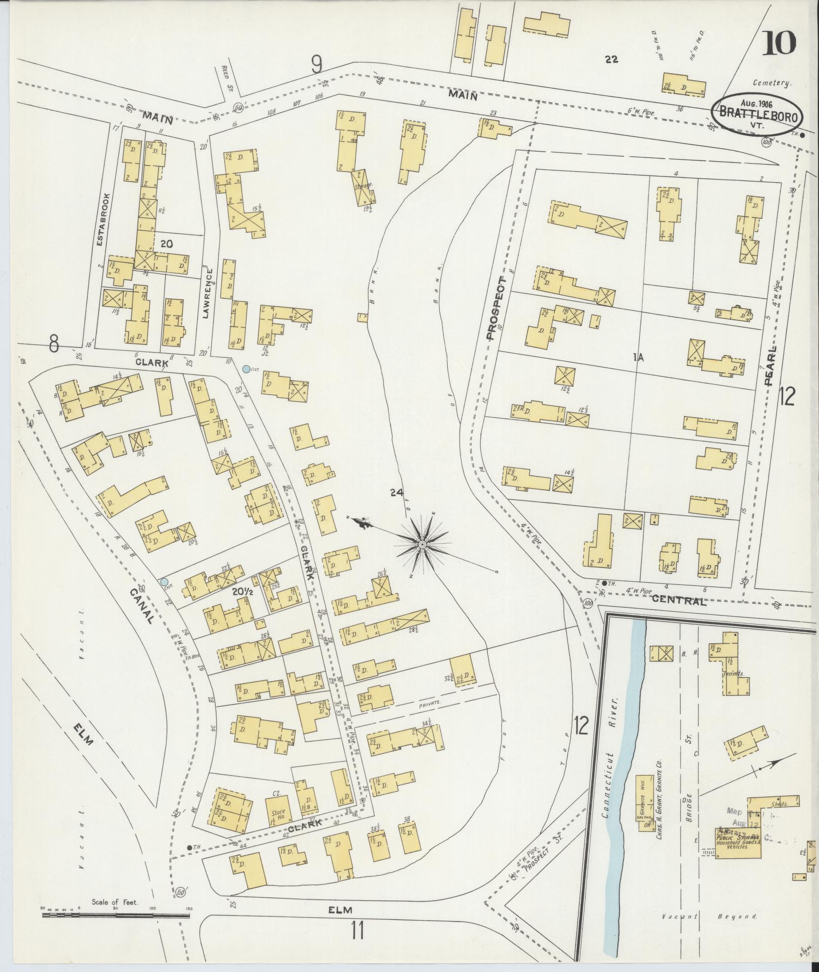 Sanborn Fire Insurance Map from Brattleboro, Windham County, Vermont (1906), Sheet #0010 - Complete Map Set gallery image, historic Sanborn map, vintage wall art, Vermont Vermont