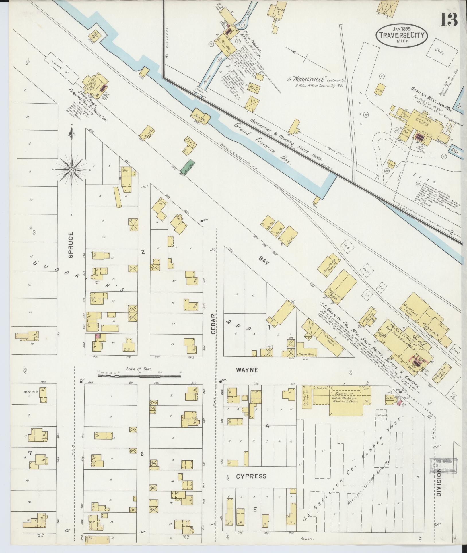 Sanborn Fire Insurance Map from Traverse City, Grand Traverse County, Michigan (1899), Sheet #0013 - Historic Sanborn Fire Insurance Map Print, vintage old map wall art, antique decor, genealogy gift, Michigan Michigan map