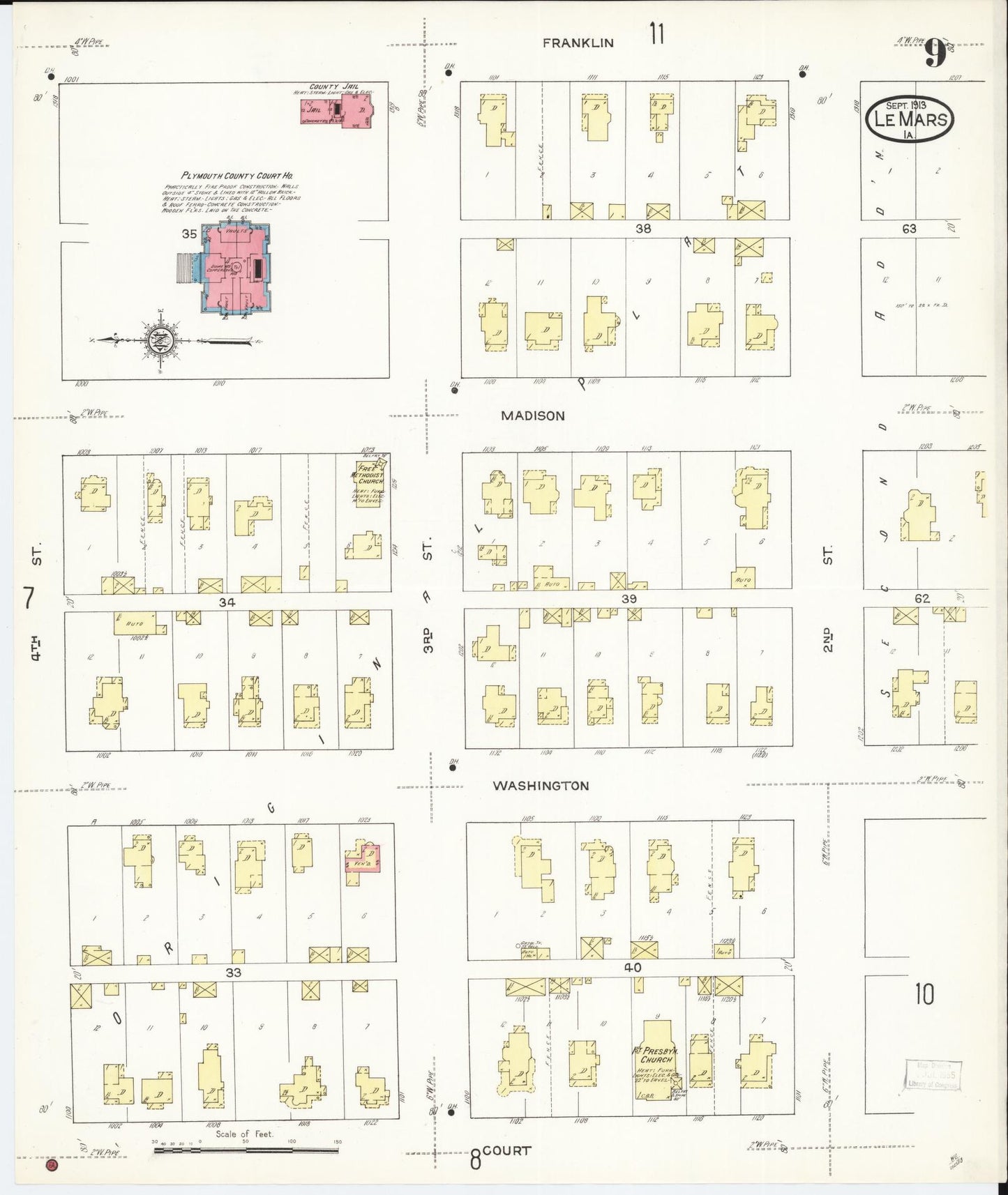 Sanborn Fire Insurance Map from Le Mars, Plymouth County, Iowa (1913), Sheet #0009 - Historic Sanborn Fire Insurance Map Print, vintage old map wall art