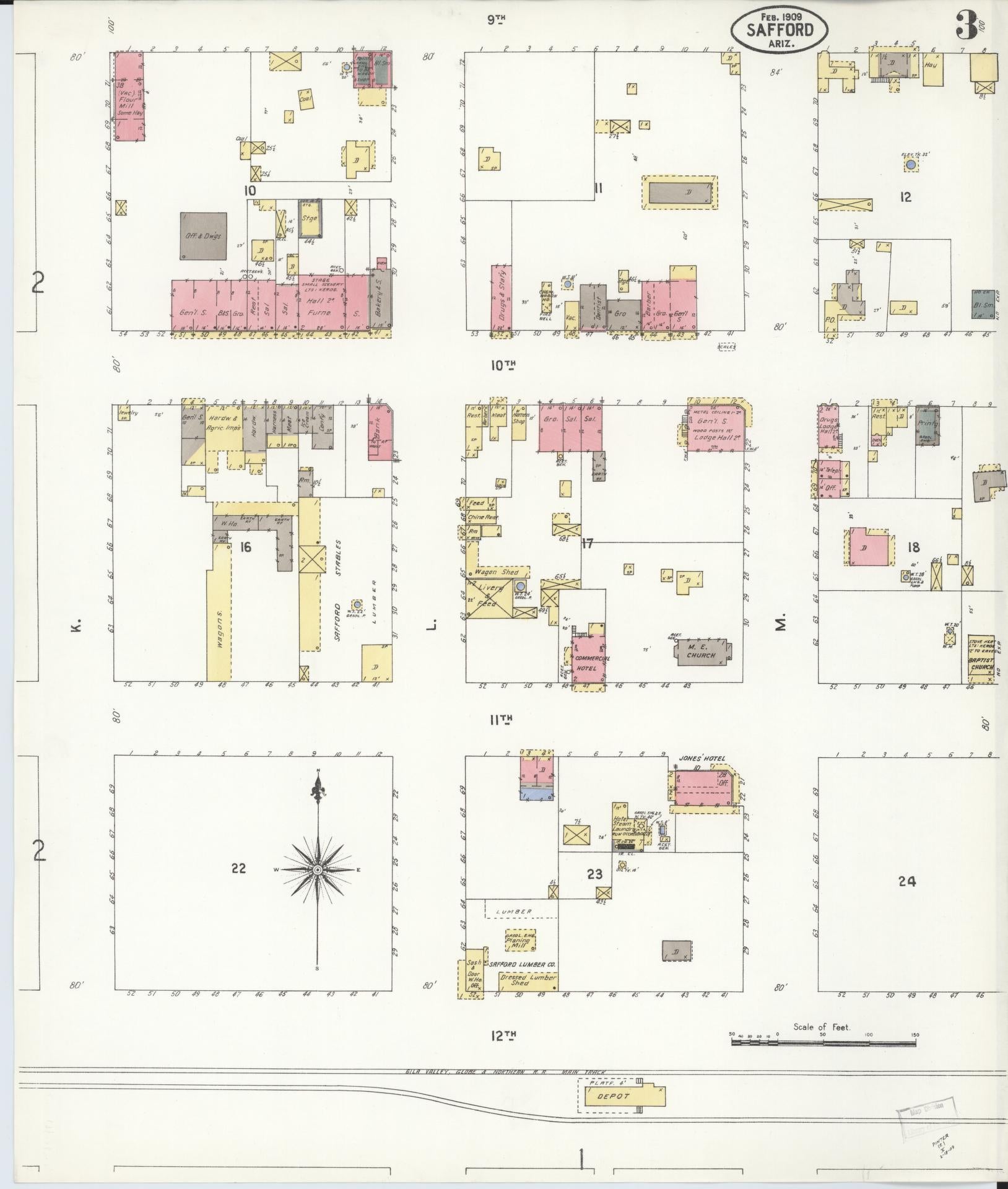 Sanborn Fire Insurance Map from Safford, Graham County, Arizona (1909), Sheet #0003 - Historic Sanborn Fire Insurance Map Print, vintage old map wall art, antique decor, genealogy gift, Arizona Arizona map